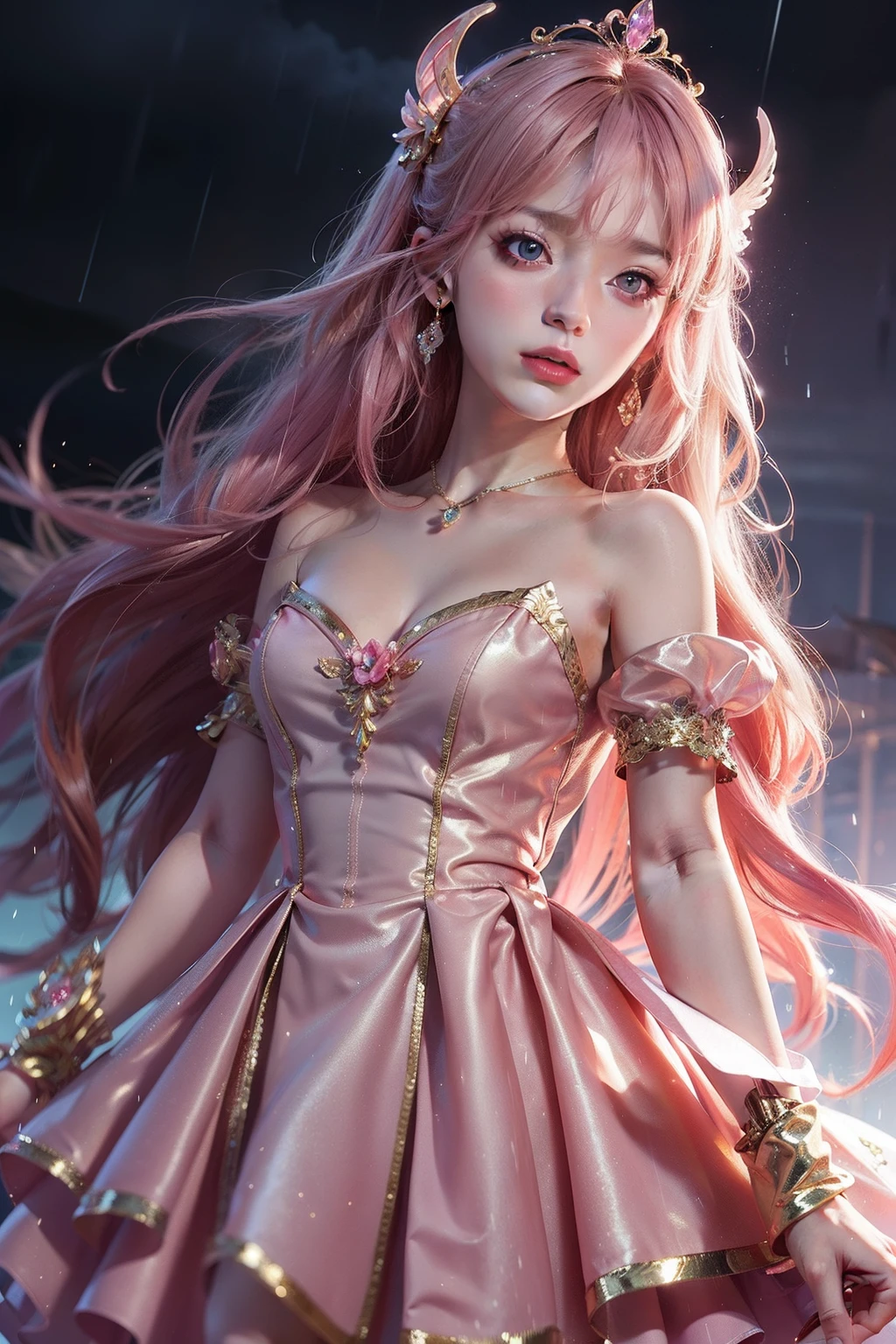 Create an anime-style girl with deep magenta eyes and long, wavy pink hair styled in an elegant updo. She is slender with small breasts. She wears a regal, ethereal dress with elegant and fantasy elements, featuring a gold, pastel pink, and rose gold color scheme. The dress has intricate spider web patterns and motifs.