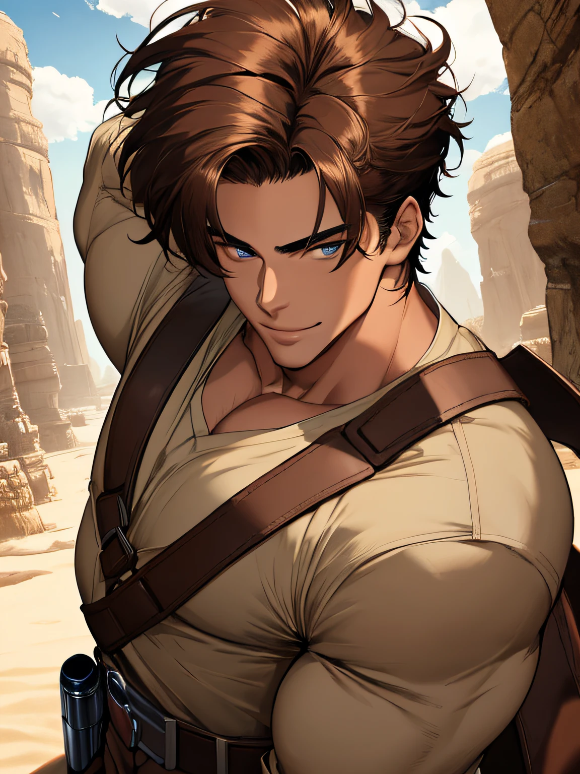Head to knees image, close image (1man, shirtless, ripped muscles, massive)), dark brown hair, hair moved by the wind, short hair with bangs that fall over the forehead and on both sides of the face, masculine, human, attractive, handsome (detailed face, perfect face) ((extremely realistic shadows, masterpiece, extremely detailed, photorealistic), ((22 year old young man)), broad shoulders, huge, muscular pecs, strong man, bodybuilding posture, carefree expression, smile, mischievous smile, huge, muscular body and Massive, bulging pecs, muscular abs, narrow waist, short hair, blue eyes, delicate big eyes, open your eyes ((detailed eyes)) Ruins of a Jedi temple with a rocky desert, loose-fitting, partially open V-neck shirt Jedi style baggy brown pants and light brown cloth belt.