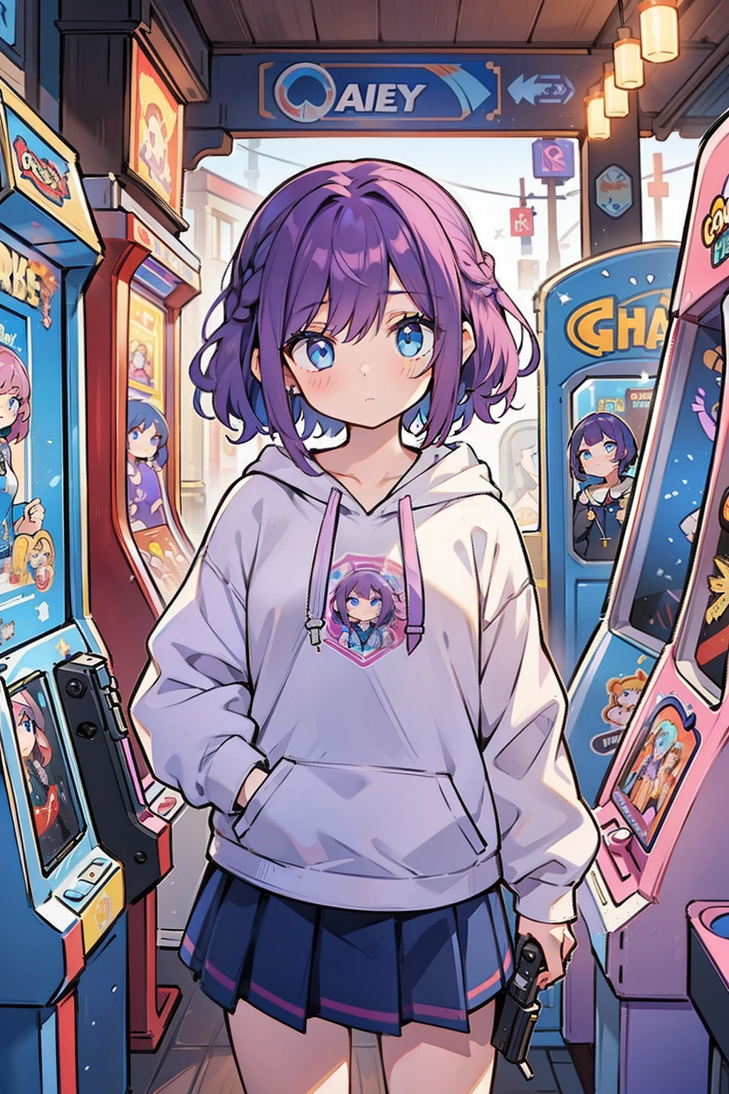 masterpiece, best quality, 1girl, short hair, shoulder-length hair, purple hair, curly hair, side braid, (blue eyes), expressionless, wearing big hoodie, skirt, in the arcade, holding a gun, noisy, ((many arcade games))