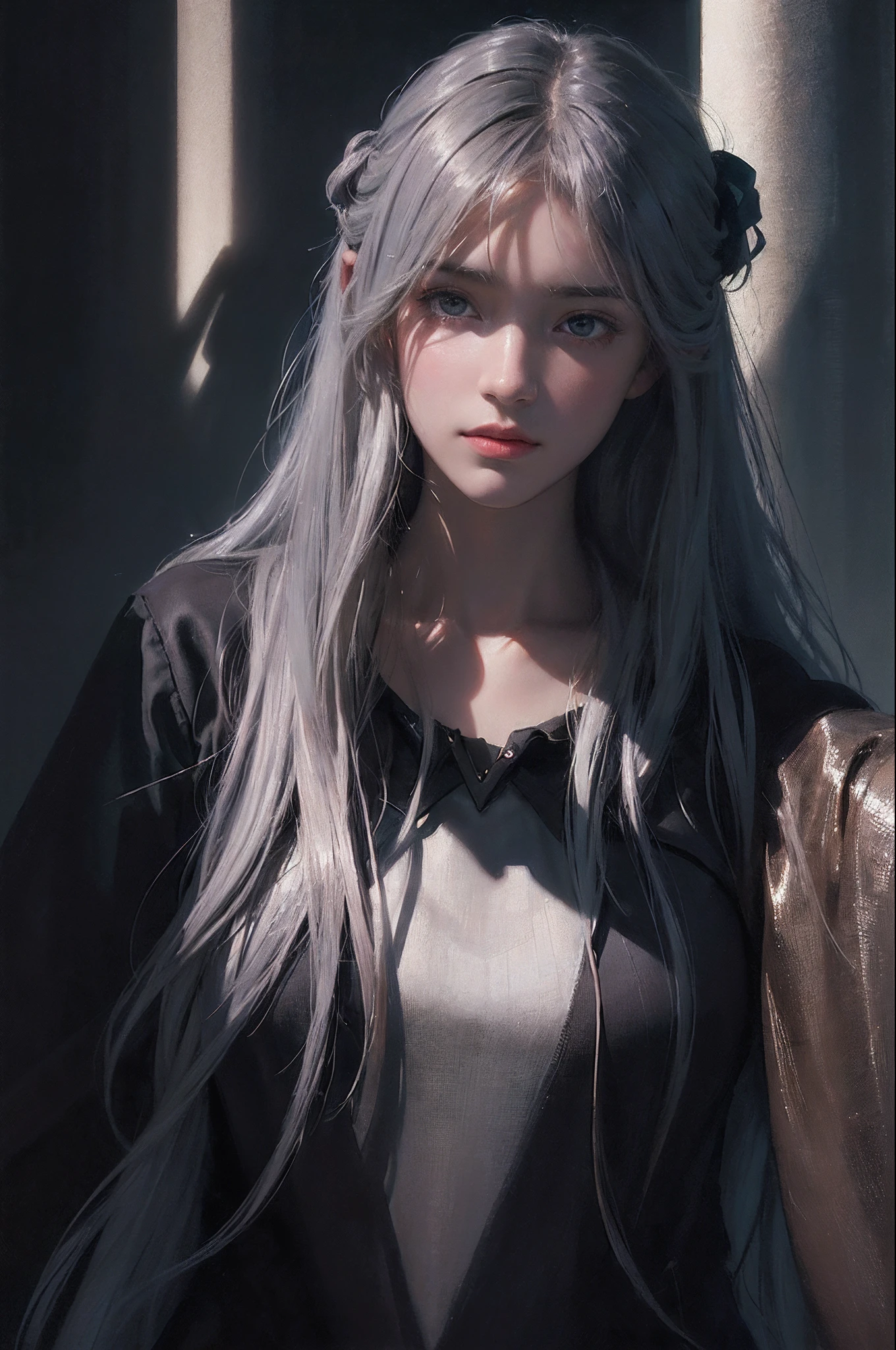 (front focus), (in the dark:1.6), Hyperrealist portrait of female by david hockney and alphonse mucha, fantasy art, photo realistic, dynamic lighting, artstation, poster, volumetric lighting, very detailed faces, 4 k, award winning, 1girl, in the dark, deep shadow, low key, cowboy shot, (official clothing:1.4), long hair, white hair