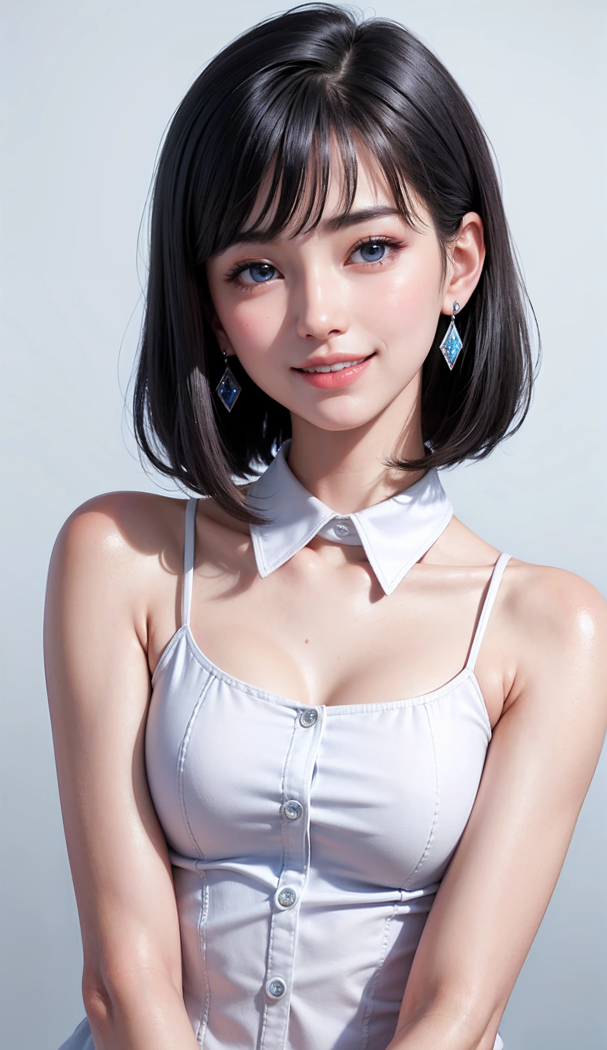 (high-level image quality、high-detail、hightquality、hight resolution、Draw everything in high resolution)、Intense crystal light blue eyes、Small diamond-shaped earrings、Look firmly at the camera、Put your ears out、Put out both ears、Beautiful short black hair、Beautiful very short beautiful hair with bangs、beautiful decollete、Beautiful 28 years old、lipgloss、long neck、Happy smile、Beautiful teeth alignment、Beautie、Pretty Woman、Open collar white business shirt、Smile at your audience、Beautiful teeth、Beautiful teeth alignment、Very small face、tall supermodel、Supermodel with broad shoulders