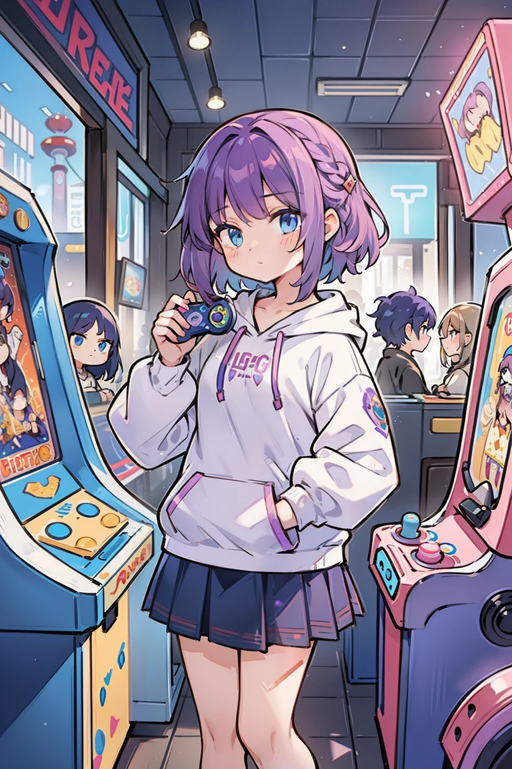 masterpiece, best quality, 1girl, short hair, shoulder-length hair, purple hair, curly hair, side braid, (blue eyes), expressionless, wearing big hoodie, skirt, in the arcade, holding a game controller, noisy, ((many arcade games))