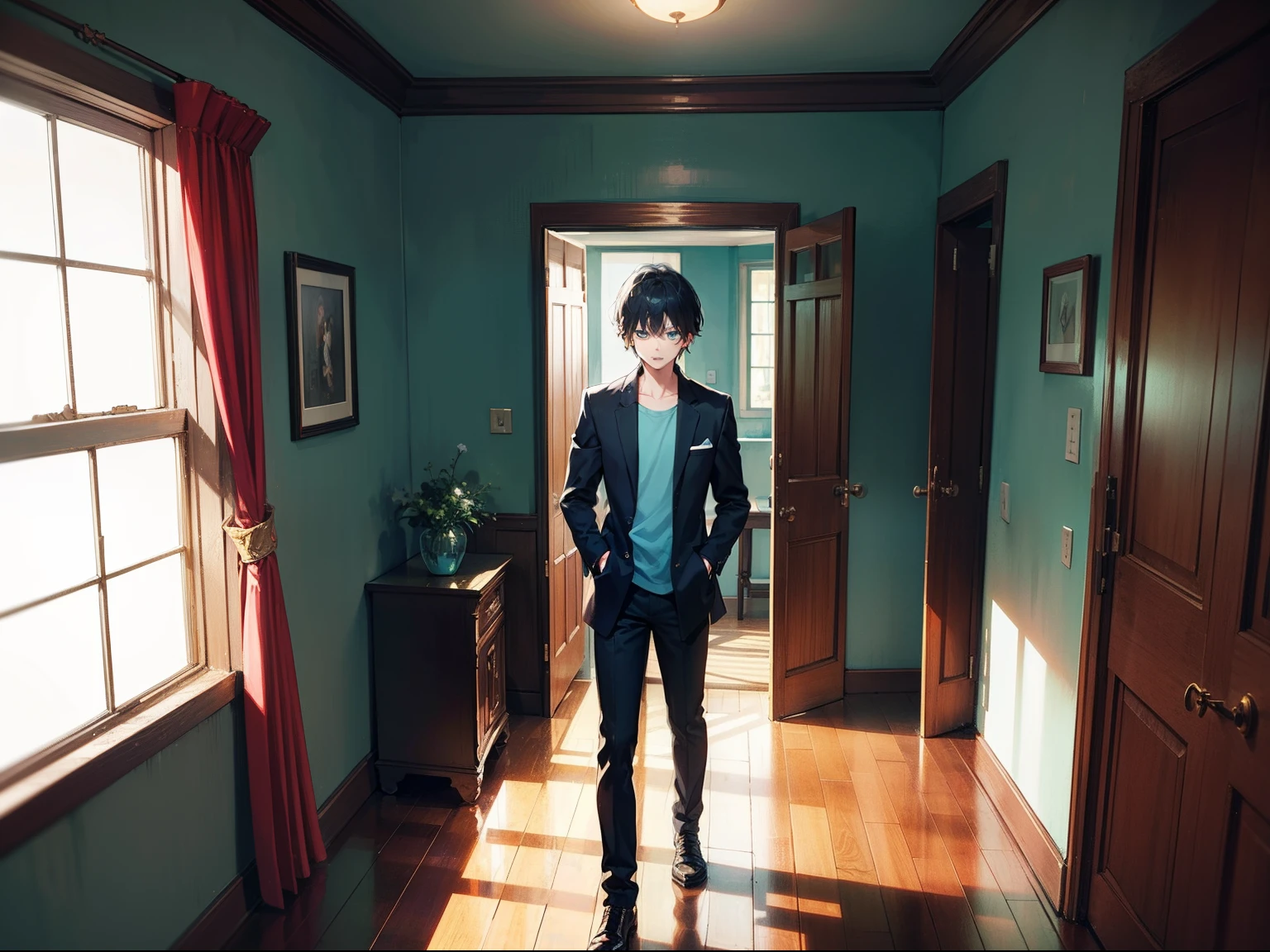 One boy looked surprised，Black color hair，blue color eyes，Handsome，Room doorway，Illustration anime style，Dark 4K, hyper HD, Masterpiece