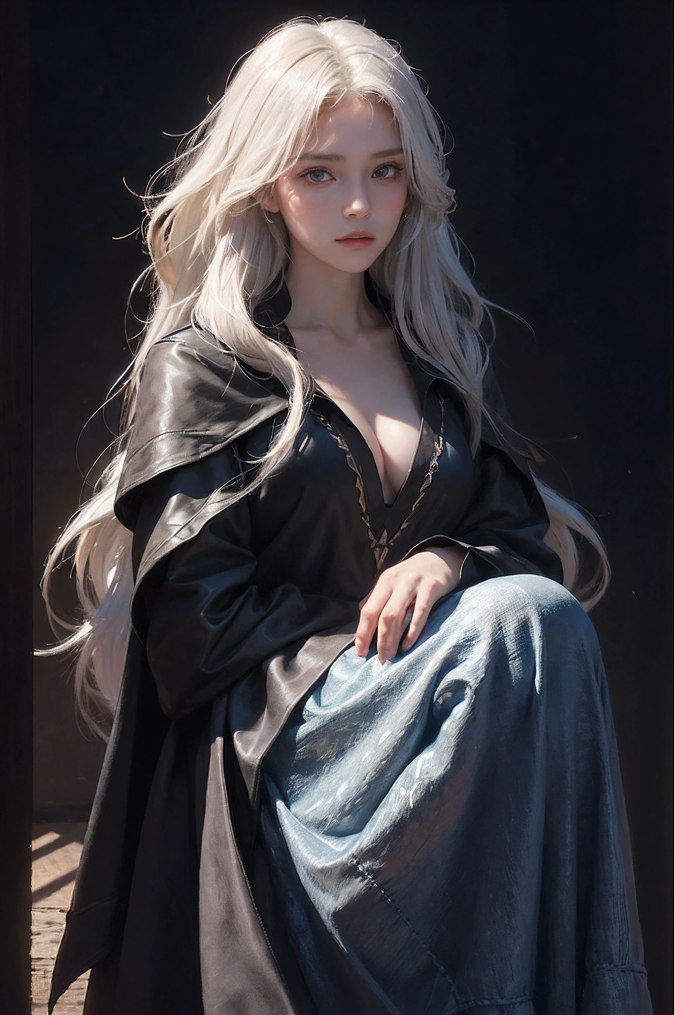 (front focus), (in the dark:1.6), Hyperrealist portrait of female by david hockney and alphonse mucha, fantasy art, photo realistic, dynamic lighting, artstation, poster, volumetric lighting, very detailed faces, 4 k, award winning, 1girl, in the dark, deep shadow, low key, cowboy shot, (official clothing:1.4), long hair, white hair