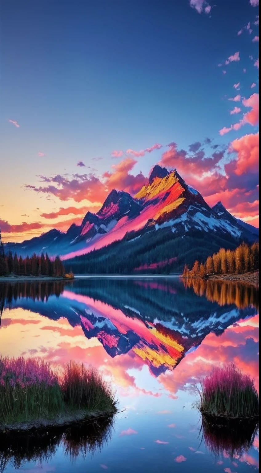 there is a beautiful mountain with a lake and trees in the background, colorful skies, surreal colors, colorful sunset, colorful sky, marvellous reflection of the sky, stunning sky, dream like atmosphere 8k, colorful clouds, colors reflecting on lake, surreal sky, red and blue reflections, fire reflection, beautiful sky, beautiful and spectacular dusk, beautiful dreamy landscape, amazing sky