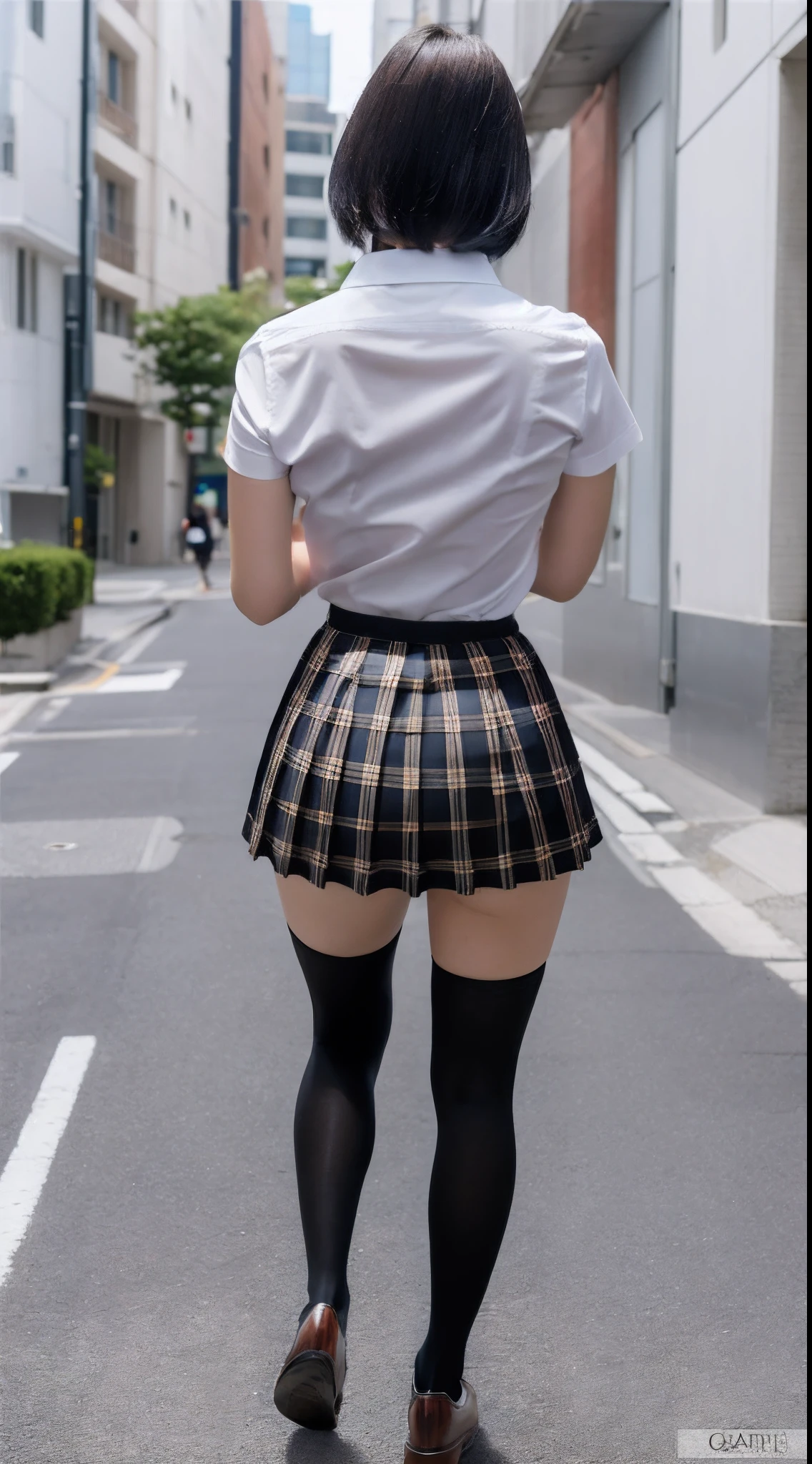 (8K, 超A high resolution, Best Quality, masutepiece:1.2),(18year old:1.2)、(Look away)、8K、RAW portrait of japanese girl、Photorealsitic、超A high resolution、top-quality、 (huge-breasted、Close all buttons on the shirt:1.4)(student clothes、Pure White Cutter Shirt、Check Pleated Mini Skirt:1.35)、(in a street:1.2) BREAK (Natural Skin Texture、Detailed skin、Hyper-Realism、ultra sharpness)、intricate detailes、depth of fields(Put a white shirt inside the skirt:1.3)、Show the armpits、Navy Plaid Pleated Micro Mini Skirt(Black hair short bob、Shiny legs、T back、Black loafers、Black stockings:1.3)