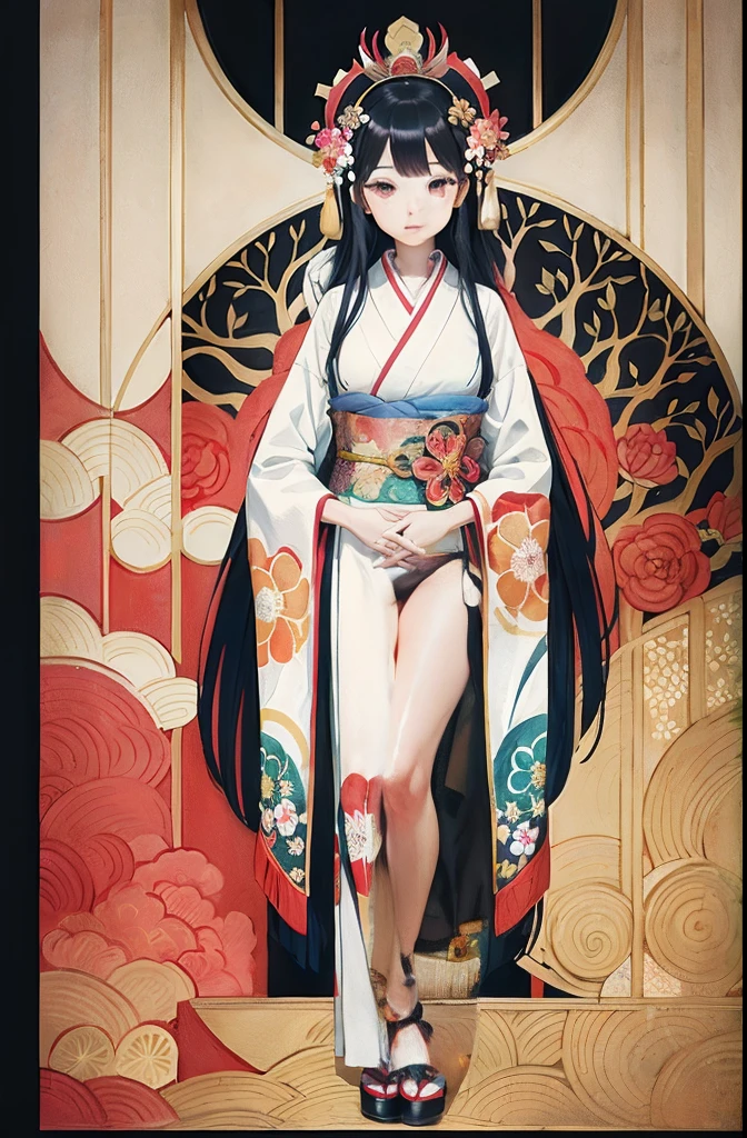 Detailed Background,Art Deco,Beautiful landscape painting,Botanical Art,Flower Art,(Floral:1.2), (masterpiece, Highest quality),Vibrant colors,colorful, Highest quality, Amazing details, Anatomically correct, Line art, Written boundary depth,Flat Shading,Bokeh, woman、、Black Hair、 whole body、Showing off pussy、 Sit with your legs apart:1.5、Showing pussy、sexy、Passionate、Stretch your legs、(Thighs)、(Small breasts)、Slim style、(barefoot)、 Mucha style、Ukiyo-e style、Looking up at the camera、Browsing Caution
