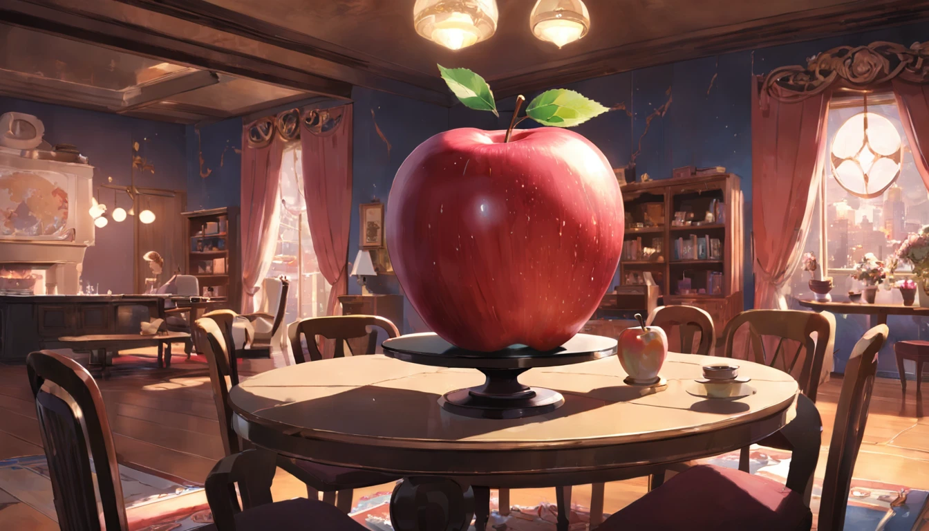 "A scene in a living room with a table in the middle. A big, eye-catching apple is centrally placed on the table, taking up approximately one-third of the whole screen, thereby making it the centerpiece of the scene."