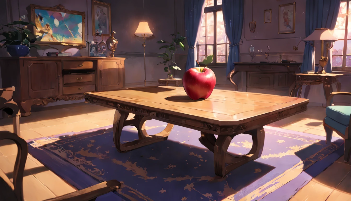 "A scene in a living room with a table in the middle. A big, eye-catching apple is centrally placed on the table, taking up approximately one-third of the whole screen, thereby making it the centerpiece of the scene."