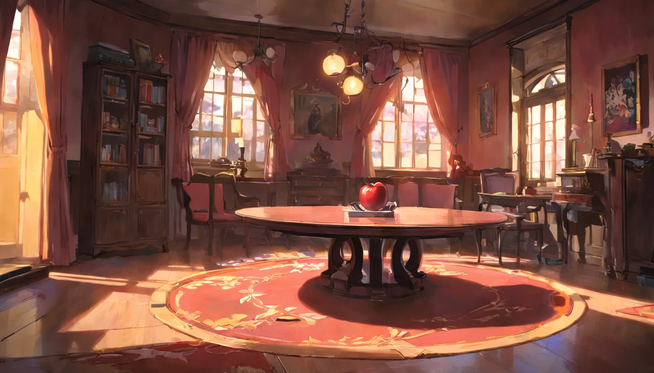 "A living room scene with a table in the center. A large, prominent apple is placed in the center of the table, occupying about one-third of the entire screen, making it the focal point of the scene."