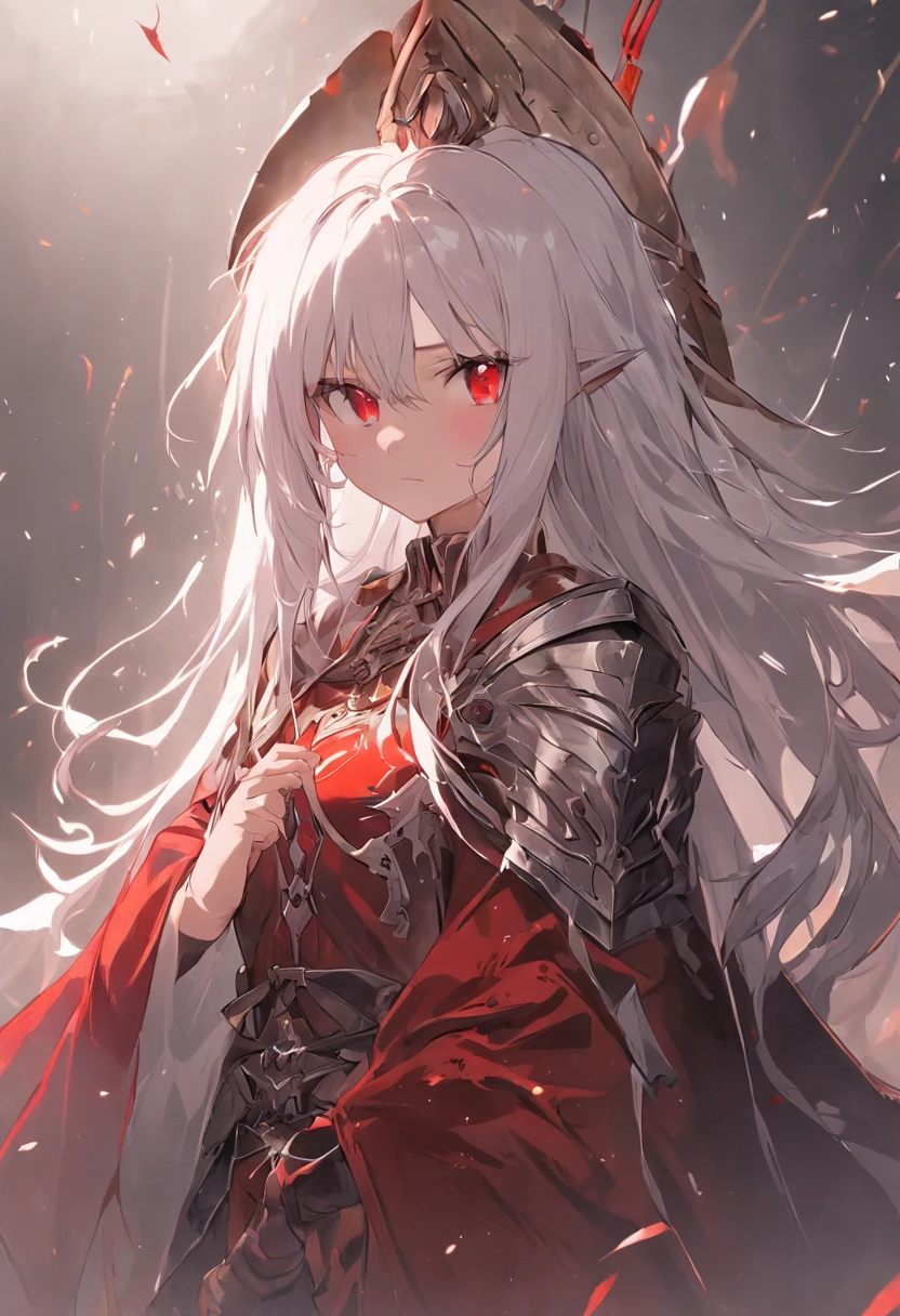 A girl,White hair and red eyes,long whitr hair,Original Character、fantasy concept art、Best shadow、shallowdepthoffield、the emperor,Portrait of a noble knight、Dignified、Sad expression,streaming tears,Sophisticated tactical heavy armor、Tassel waistband、Hand Guard、Pauline、High quality armor texture,Stand up,Kneel on one knee,overcast day,Snow,(HighestQuali,astonishing detail:1.25),(独奏:1.3),Brilliant and colorful paintings
