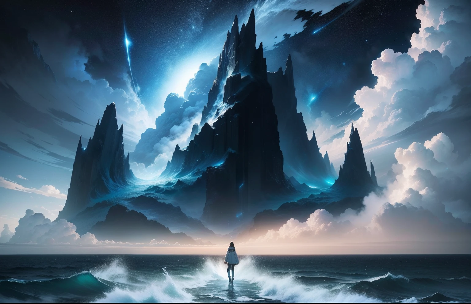 A surrealist one、Otherworldly、Illustration of the super sky scene，The main thing is the beautiful and turbulent water、rios、the sea、White snow、Beautiful lighting and realistic proportions，As if it were a movie backdrop，8k，HighestQuali，tmasterpiece，Clouds and stars in the sky。