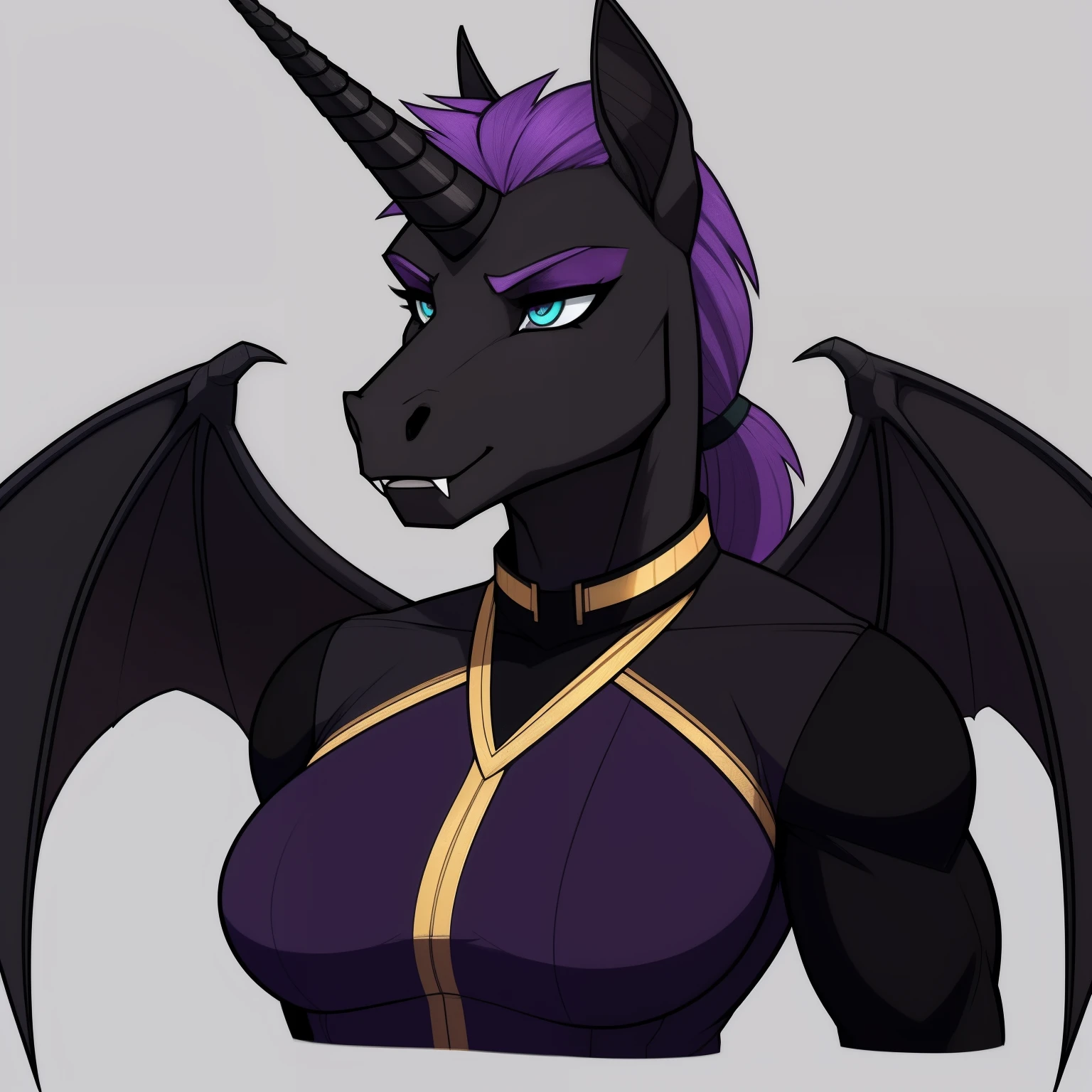 muscular_mature_horse female faded_dark_purple_mane ponytail black_furry_body teal_eyes cat_eyes solo Masterpiece best_quality absurdres highly_detailed cleanly_drawn_eyes military_uniform fangs bat_wings purple_eyeshadow long_black_unicorn_horn horse_snout anthro_only stern_expression arms_behind_back by_claweddrip by_greasymojo by_underscore-b by_runawaystride