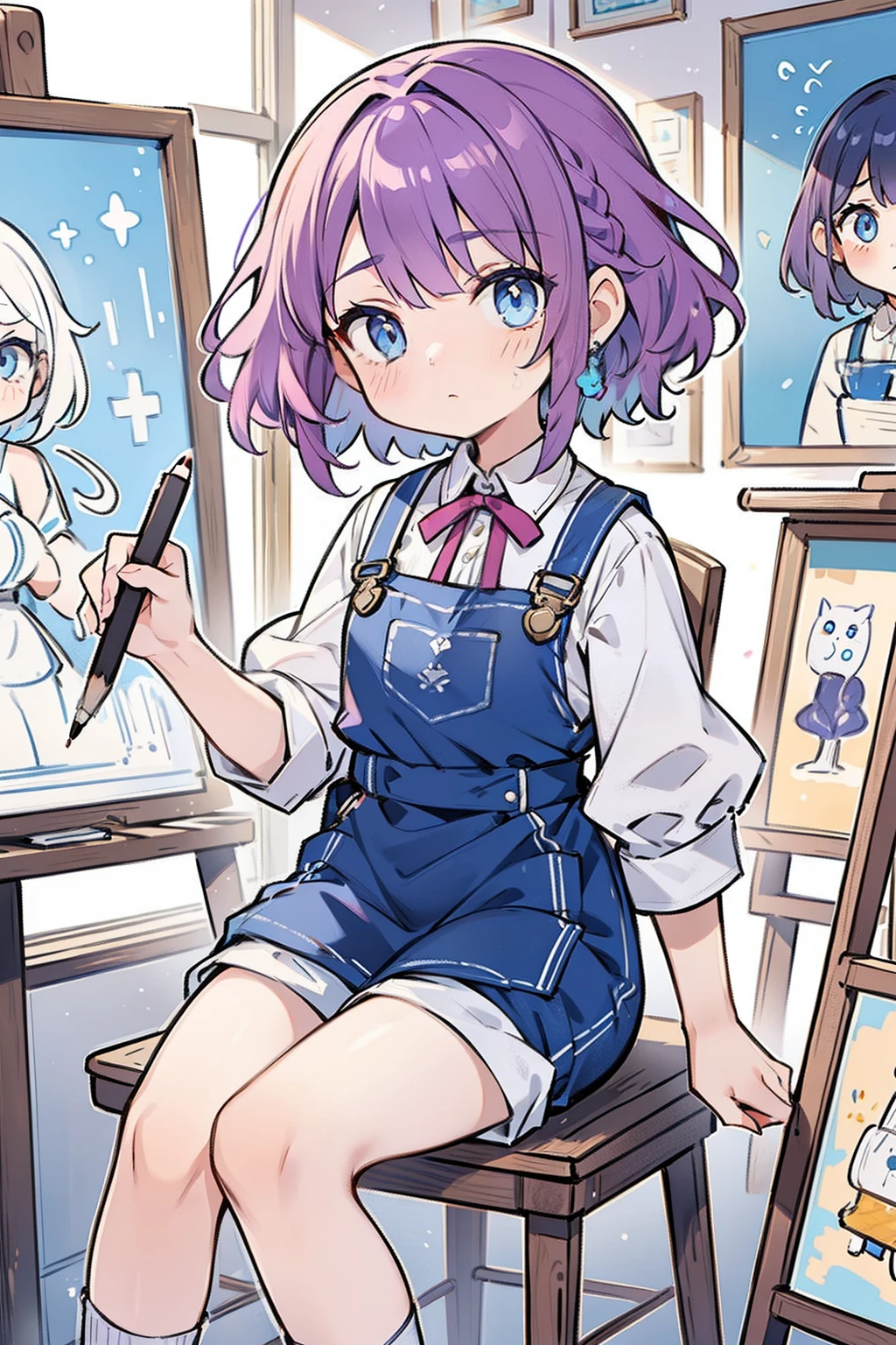 masterpiece, best quality, 1girl, short hair, shoulder-length hair, purple hair, curly hair, side braid, ((blue eyes)), expressionless , wearing an art apron, short pants, in the art room, many canvas, holding a pencil, drawing the art, sitting on the chair, with paint on one's face