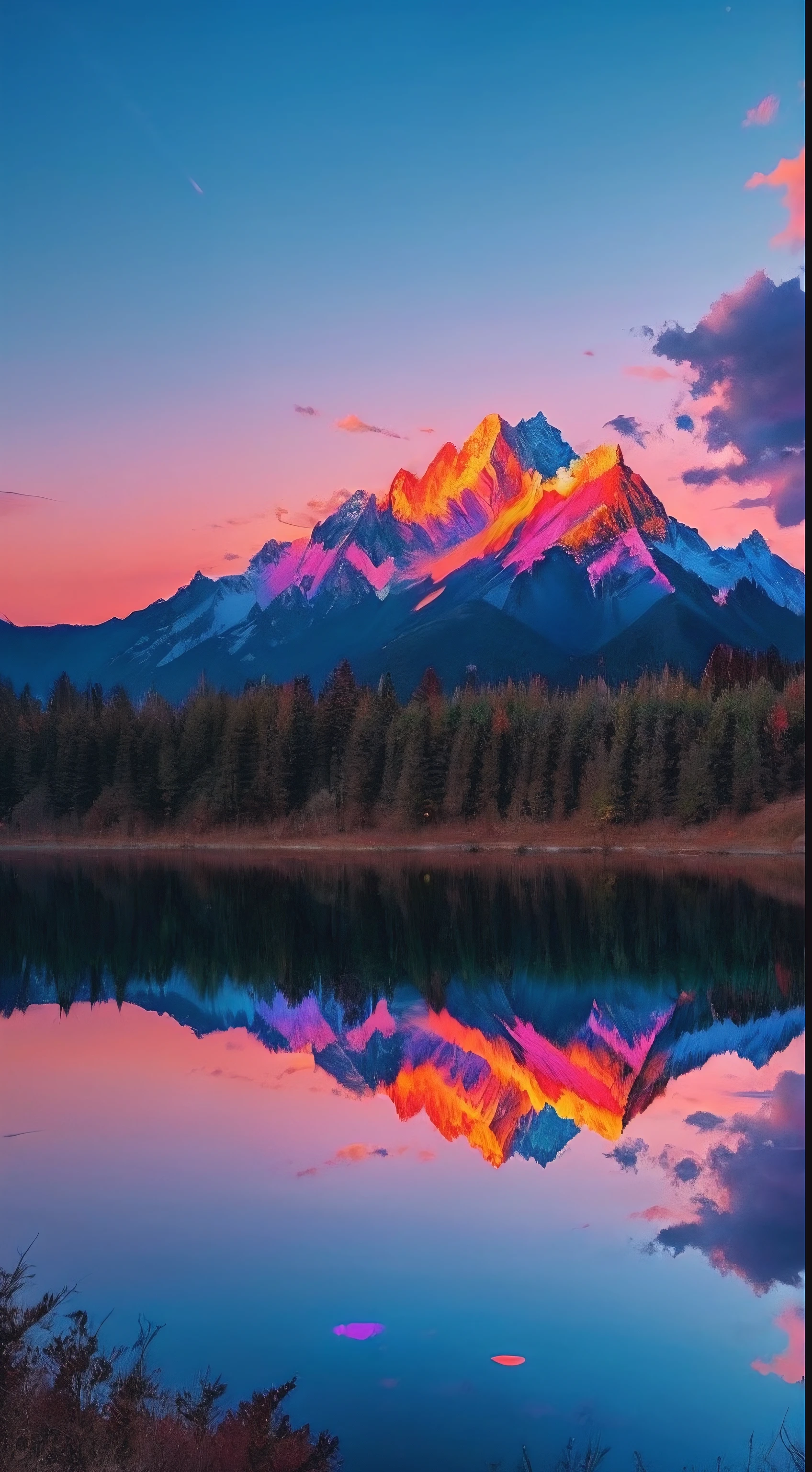there is a beautiful mountain with a lake and trees in the background, colorful skies, surreal colors, colorful sunset, colorful sky, marvellous reflection of the sky, stunning sky, dream like atmosphere 8k, colorful clouds, colors reflecting on lake, surreal sky, red and blue reflections, fire reflection, beautiful sky, beautiful and spectacular dusk, beautiful dreamy landscape, amazing sky