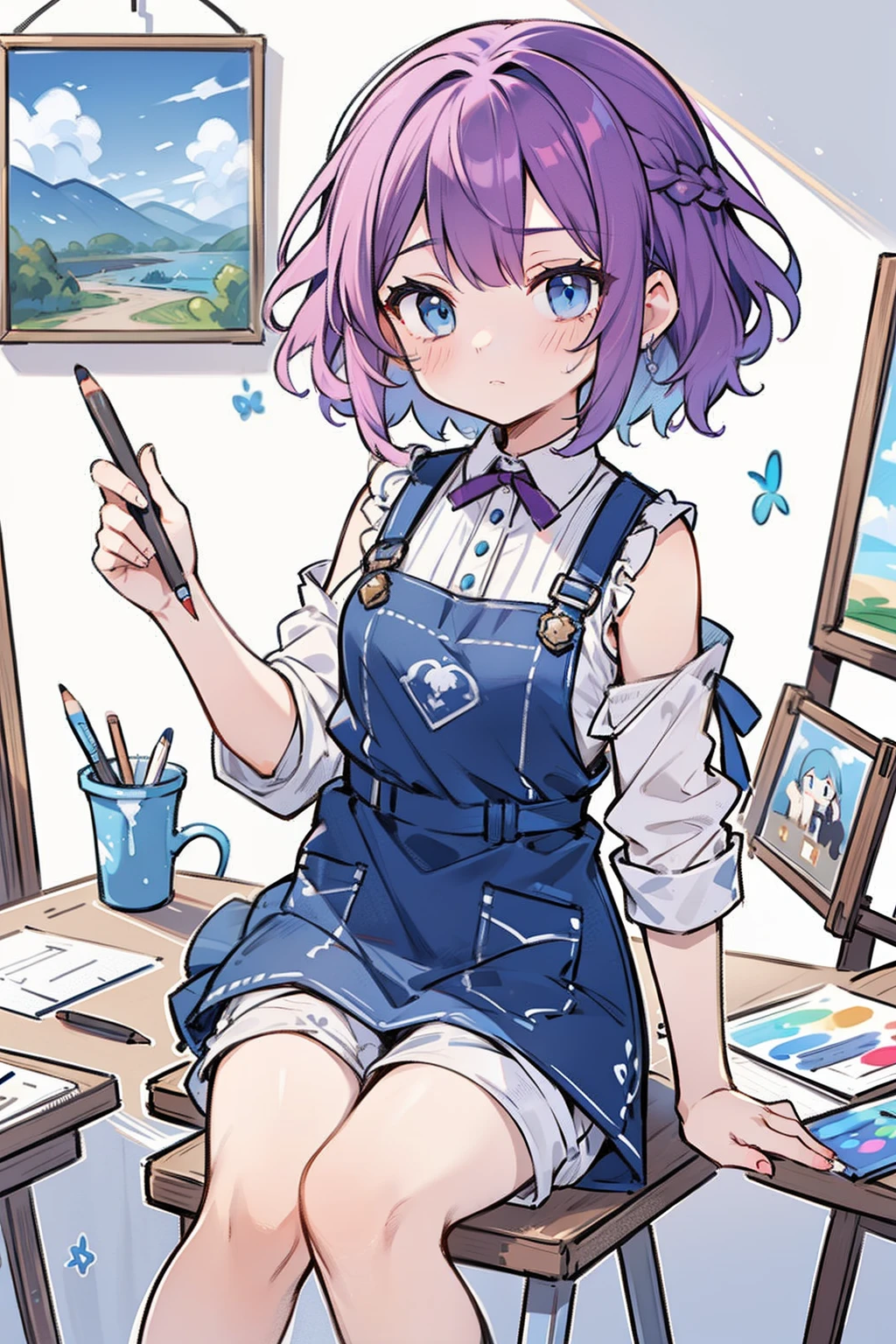 masterpiece, best quality, 1girl, short hair, shoulder-length hair, purple hair, curly hair, side braid, ((blue eyes)), expressionless , wearing an art apron, short pants, in the art room, many canvas, holding a pencil, drawing a sketch,  sitting on the chair, with paint on one's face