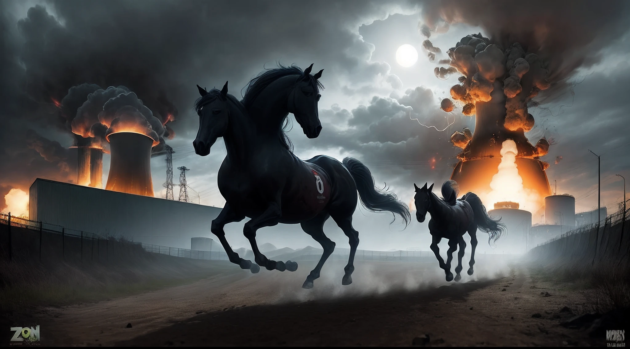 A zombie horse running from a nuclear exposion