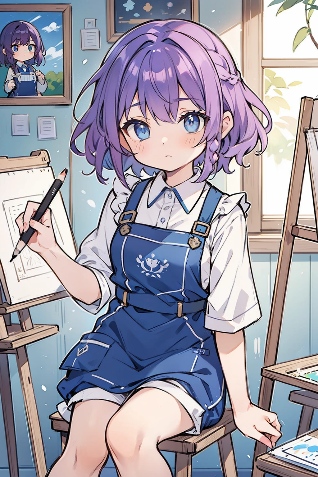 masterpiece, best quality, 1girl, short hair, shoulder-length hair, purple hair, curly hair, side braid, ((blue eyes)), expressionless , wearing an art apron, short pants, in the art room, (many canvas), holding a pencil, drawing a sketch, sitting on the chair, with paint on one's face