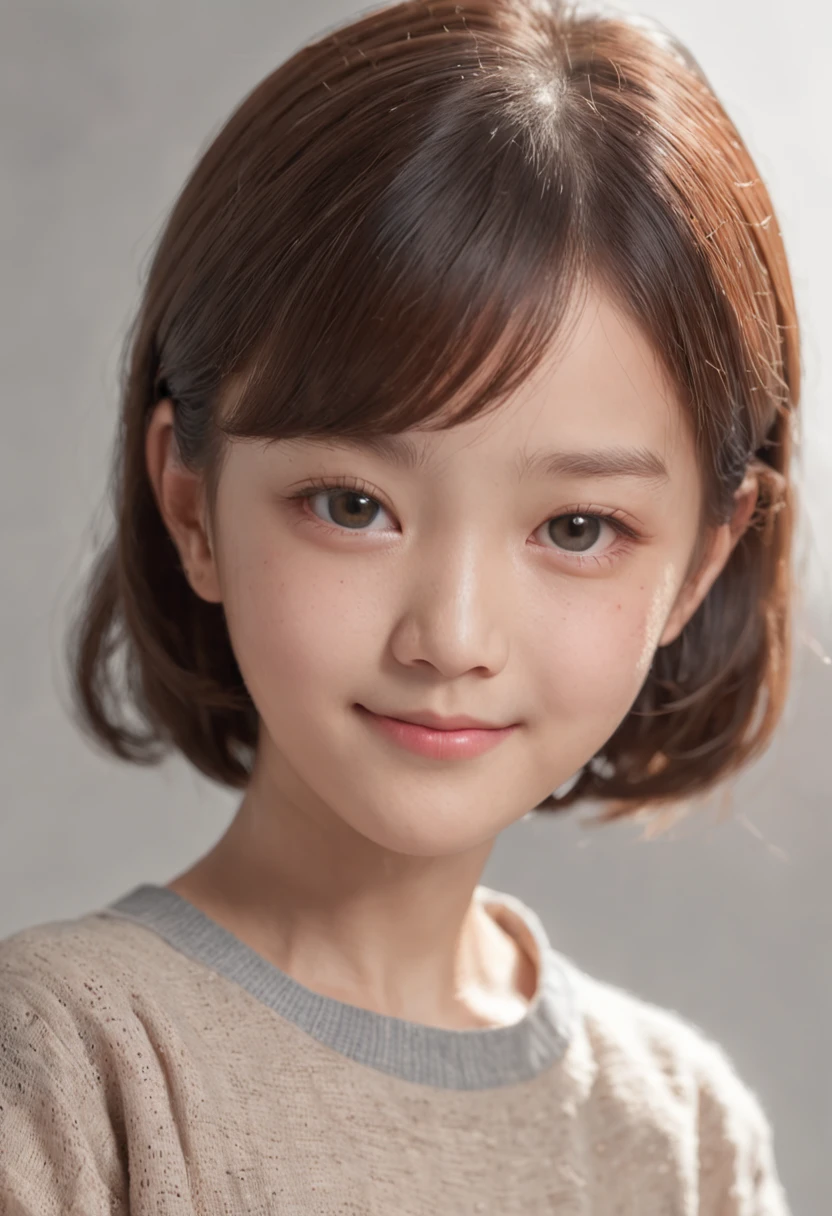 , korean girl, student, black hair, short hair, young and cute girl, korean, asian (8K), (top quality), (masterpiece:1.2), (realistic), (photorealistic:1.37), very detailed, clear face, clean white background, 10 year old  portrait of female elementary school studeace, cute young woman, portrait of korean female idol, ((5 fingers)), round head and slightly small eyes, (very detailed face: 1.4) (breasts: 0.3) (masterpiece,  Best image quality: 1.2), (((outdoor, studio))) Surrealist elementary schooler, smile, laughter, sweater, ( small breasts, little girl, bright face with lighting, beautiful detailed eyes, ful detailed nose, whole body, film grain, ((dramatic lighting)), delicate hair, super high resolution, beautiful teeth, small mouth, whole body, smile, gentle smile, stand, 1girl, beautiful, masterpiece, very delicate face, perfect lighting, overhead angle, professional lighting, HDR, solo,  Chapped lips, super detailed, peach buttocks, looking at the viewer,