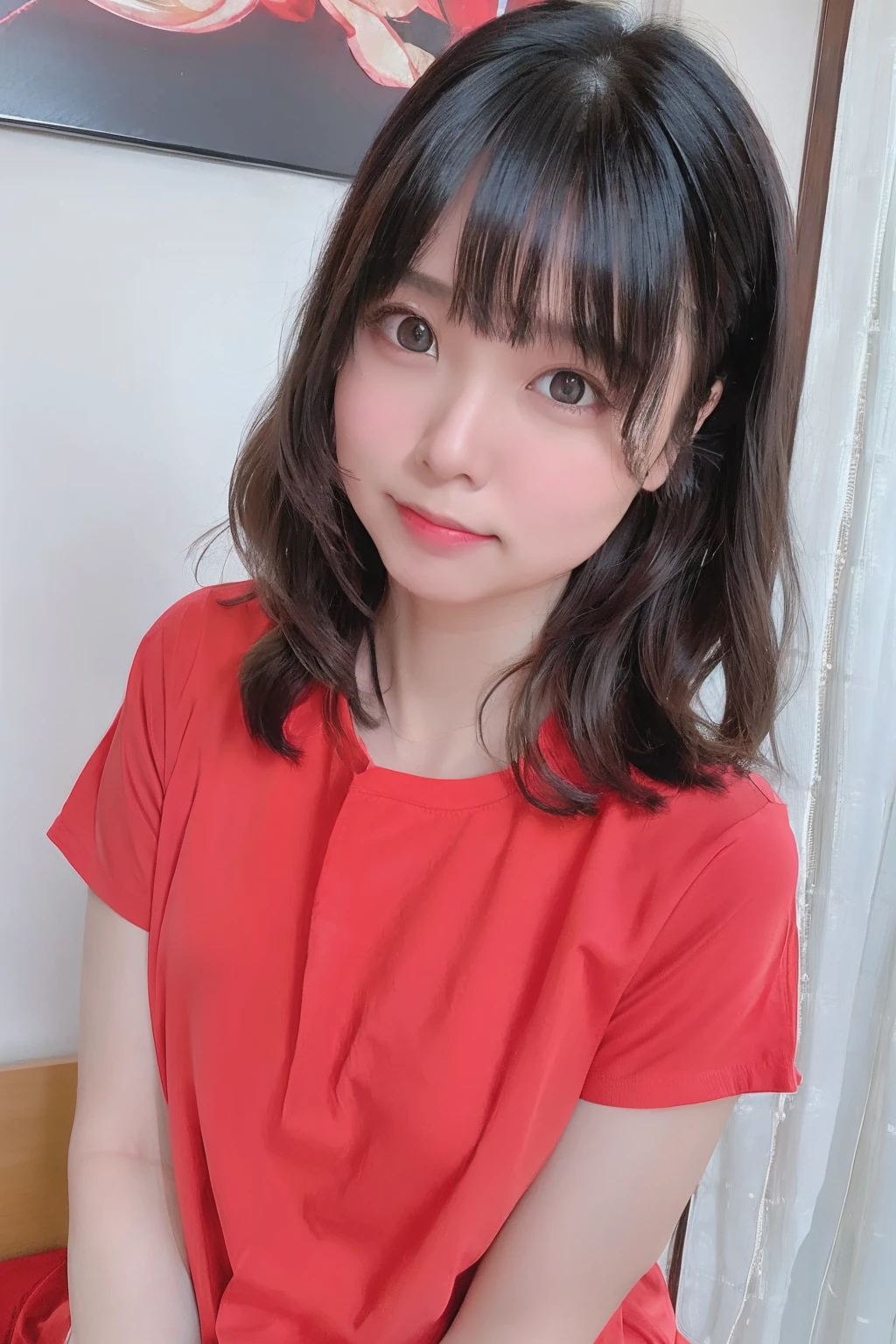 top-quality、超A high resolution、(photoRealstic:1.4)、red blush、cute little、(详细的脸)、Light smile、Looking at the camera、The upper part of the body、Black shirt、inside in room