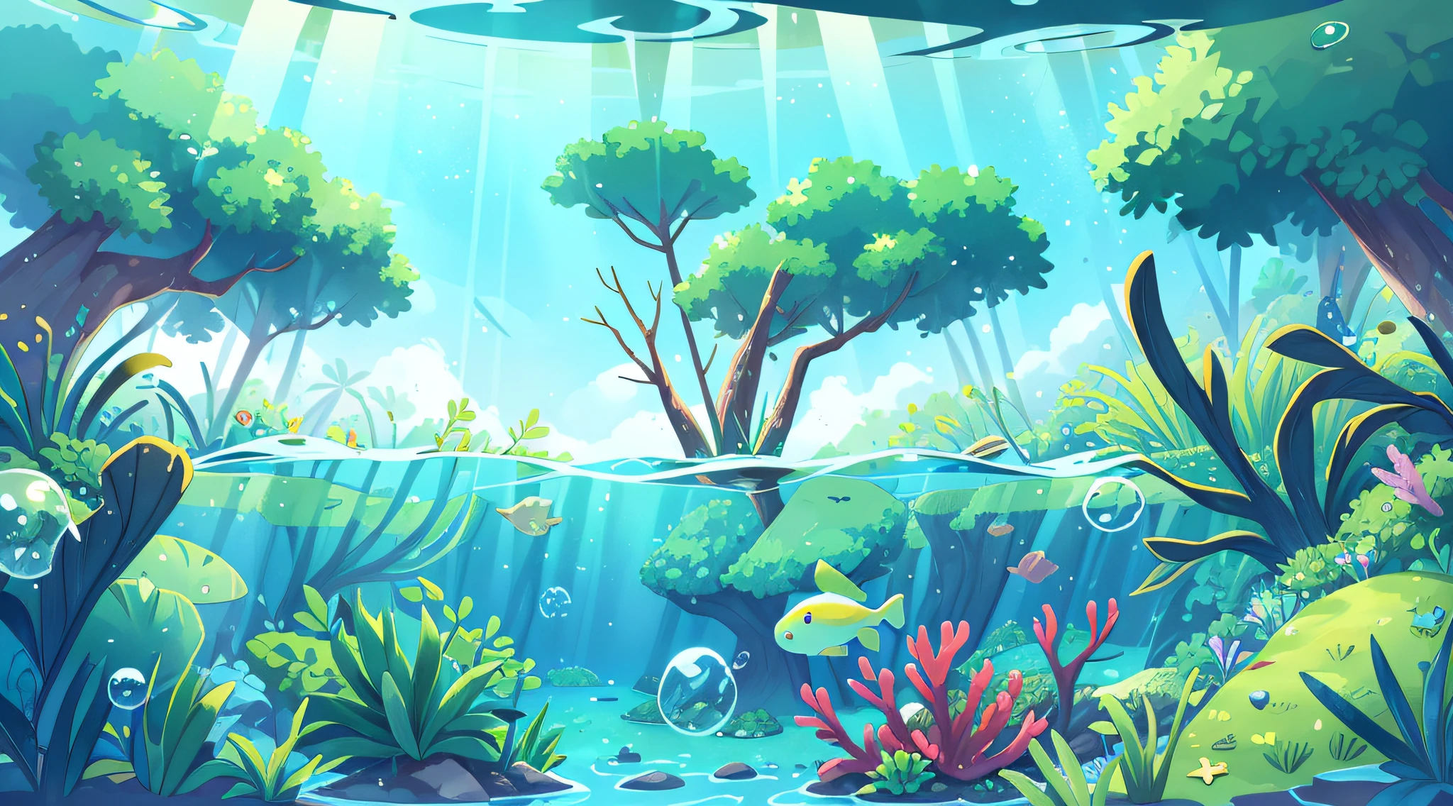 underwater landscape, As if viewed from below. The water is crystal clear, Let the sunlight pass through it and illuminate the landscape. The scene is dominated by shades of blue and green, Create a serene and peaceful effect. The scene is complete,Small bubbles floating on the surface of the water.