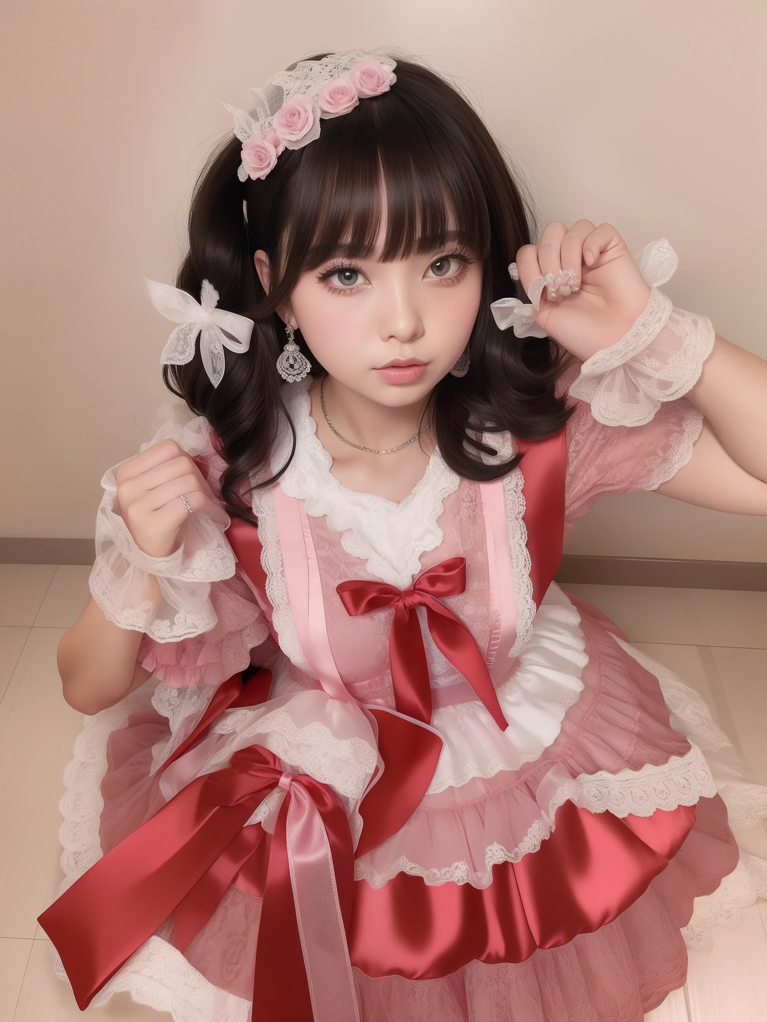 Pink satin lace ruffled dress、large satin ribbon on the chest,,,、tiarra