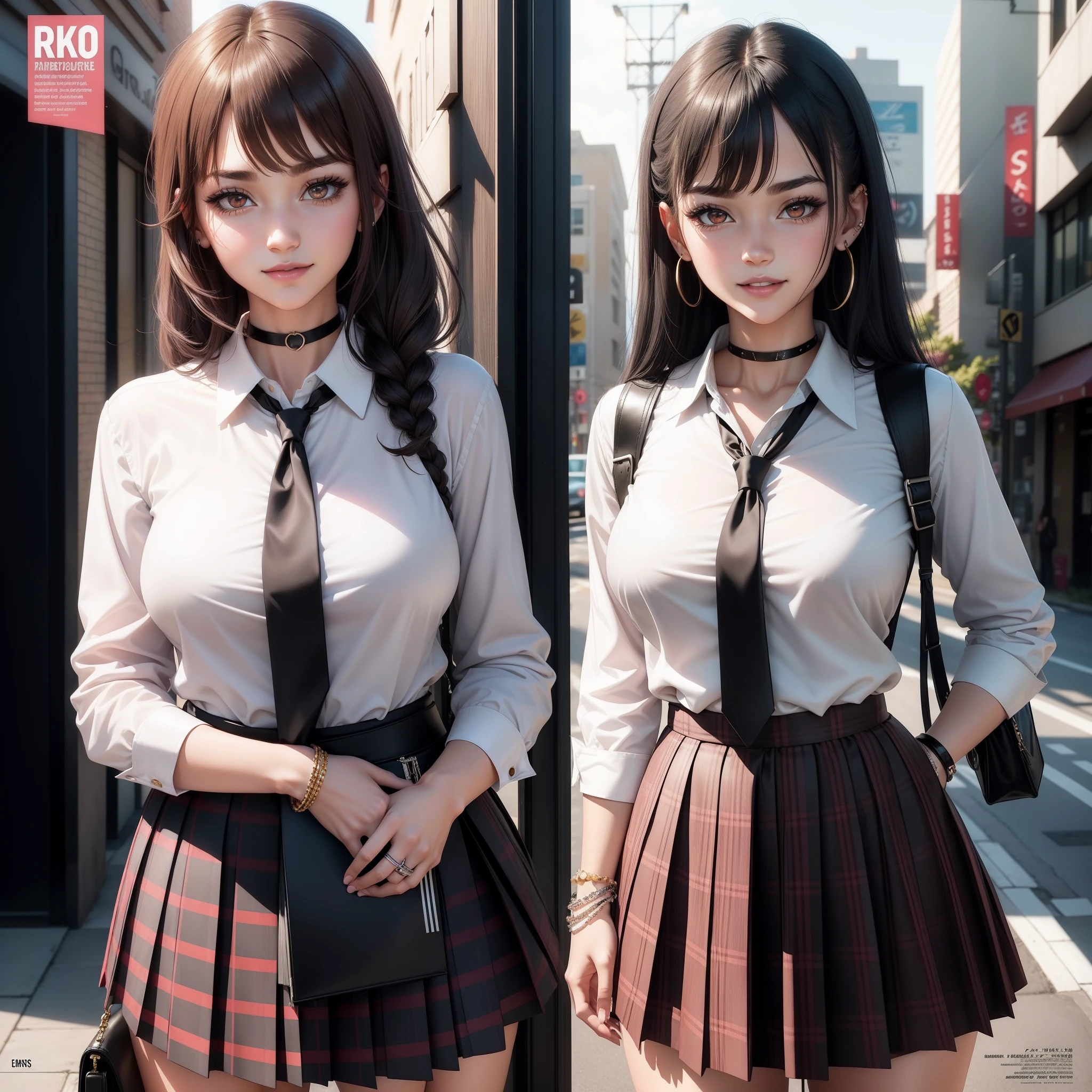 masterpiece, best quality, full body, 1girl, bangs, black choker, black necktie, black hair, blue skirt, blush, bracelet, breasts, choker, clothes around waist, collarbone, collared shirt, cowboy shot, dress shirt, ear piercing, eyebrows visible through hair, gradient hair, grin, gyaru, jewelry, kogal, long hair, looking at viewer, loose necktie, necktie, piercing, plaid, plaid skirt, pleated skirt, red eyes, ring, school uniform, shirt, skirt, smile, solo, white shirt, street, sky, cherry blossoms, petals,illustration, (magazine:1.3), (cover-style:1.3), fashionable, woman, vibrant, outfit, posing, front, colorful, dynamic, background, elements, confident, expression, holding, statement, accessory, majestic, coiled, around, touch, scene, text, cover, bold, attention-grabbing, title, stylish, font, catchy, headline, larger, striking, modern, trendy, focus, fashion