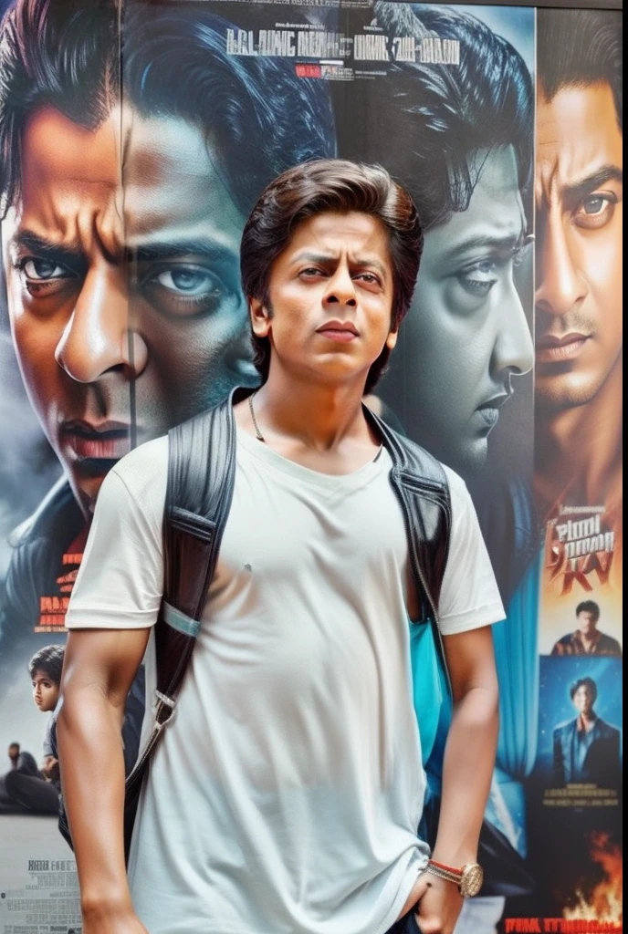 A young boy infront of srk movie poster