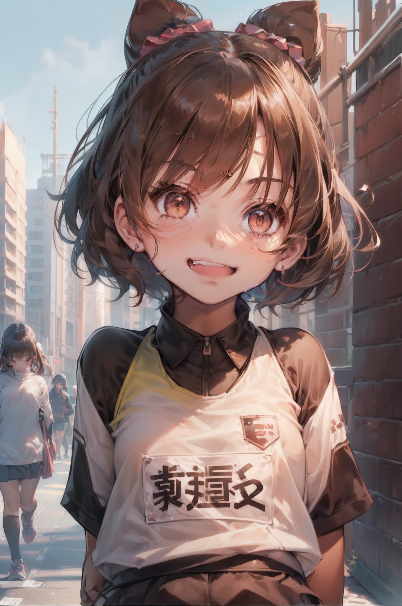 ((masutepiece)), (1 girl:2.0), (extra detailed face, Smiling), Short haircut, Brown hair, Petite, (Thin Build), (a japanese girl), ((Athletics Club Member, Long-distance runner)), Slightly round face, (Tanned brown face:1.6), Cute, Big eyes