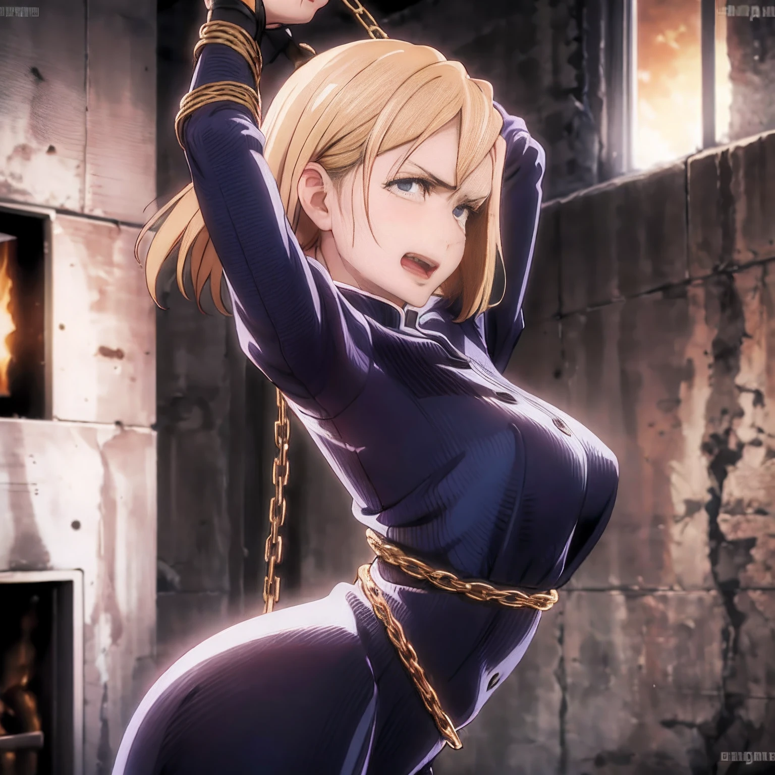 a finnish  girl, oily skin, random poses,(chained shibari:1.2), submissive, hanged up, hands apart, hands up, perfect ass, arched back, ([lookback : look over shoulder : 15]:1.6), (dark shot:1.2), twintails, (intricate details:1.12), (intricate details, hyperdetailed:1.15), hdr, dungeon, (at night:1.2), fireplace, warm light, dramatic light, cinematic, (closeup:1.2), bondage, bdsm, bdsm dungeon, pervert, restraint, bound, tied up, restrained arms, restrained hands, fully restrained, restrained body, bound with chains, bound hands, blonde hair, open mouth, slight smile, blushing, bdsm outfit, vampire teeth, hardcore bdsm
