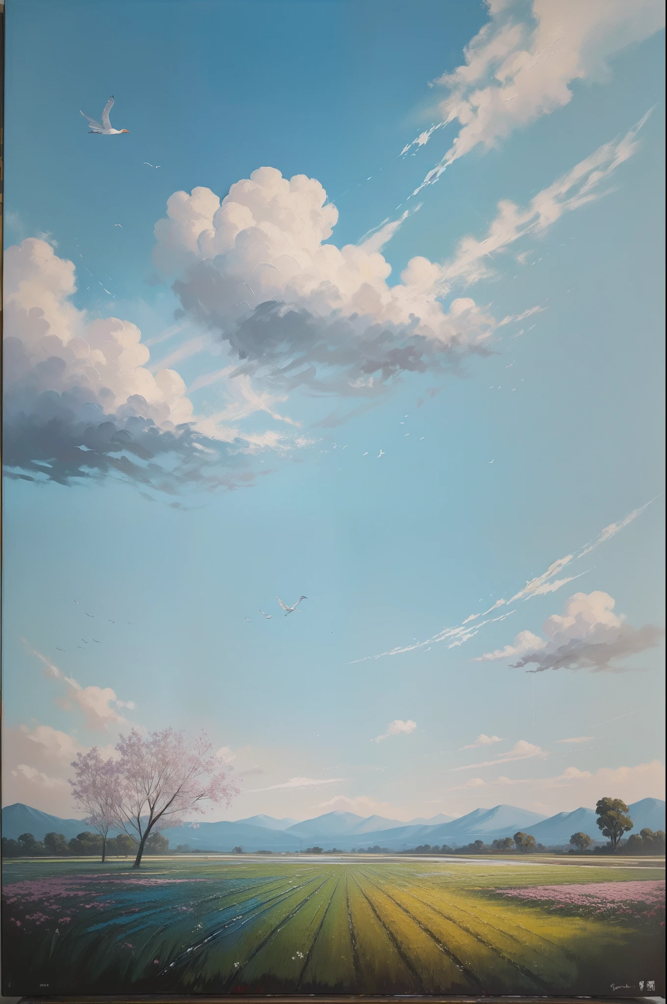 ((Painting, Oil on Canvas, Spray Printing Oil Paintings Art Abstract Theme Canvas Modern Style )), masterpiece, Where does the blue cloud fly quickly, The stork in the field wondered. The bird hears the sky spreading its wings, Flowers are cold in the afternoon, and the dew drops gradually.