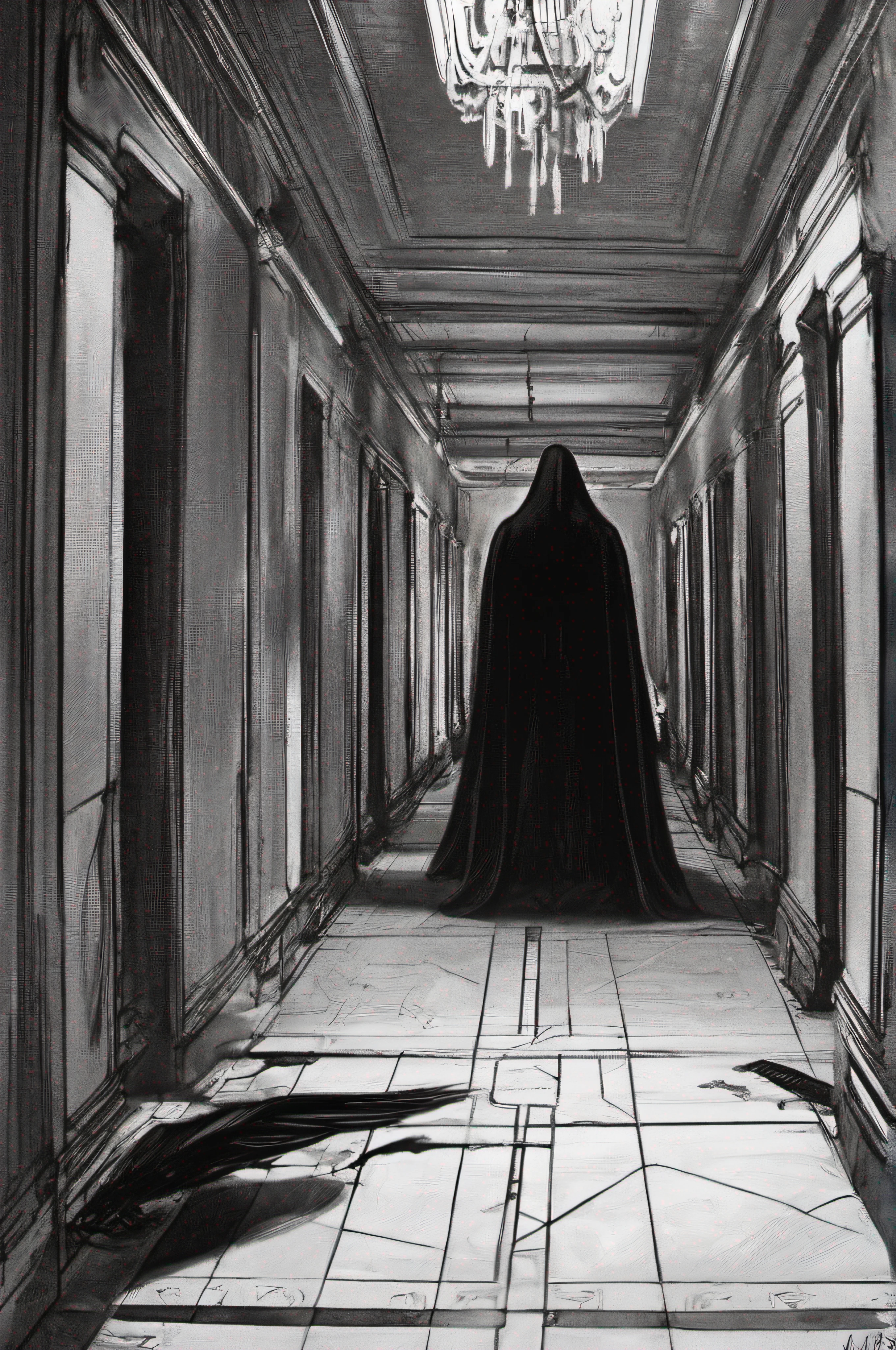Death advances silently down a dark corridor, como uma figura retirada de um pesadelo. His dark cloak drags across the floor, almost merging with the shadows that dance around him. Every step she takes echoes with a sinister resonance, filling the hallway with an oppressive silence. As it gets closer, The darkness seems to intensify, swallowing any shred of light and hope. It's a chilling sight, where death manifests as a terrifying presence, transformando o corredor em um pesadelo sombrio e assustador