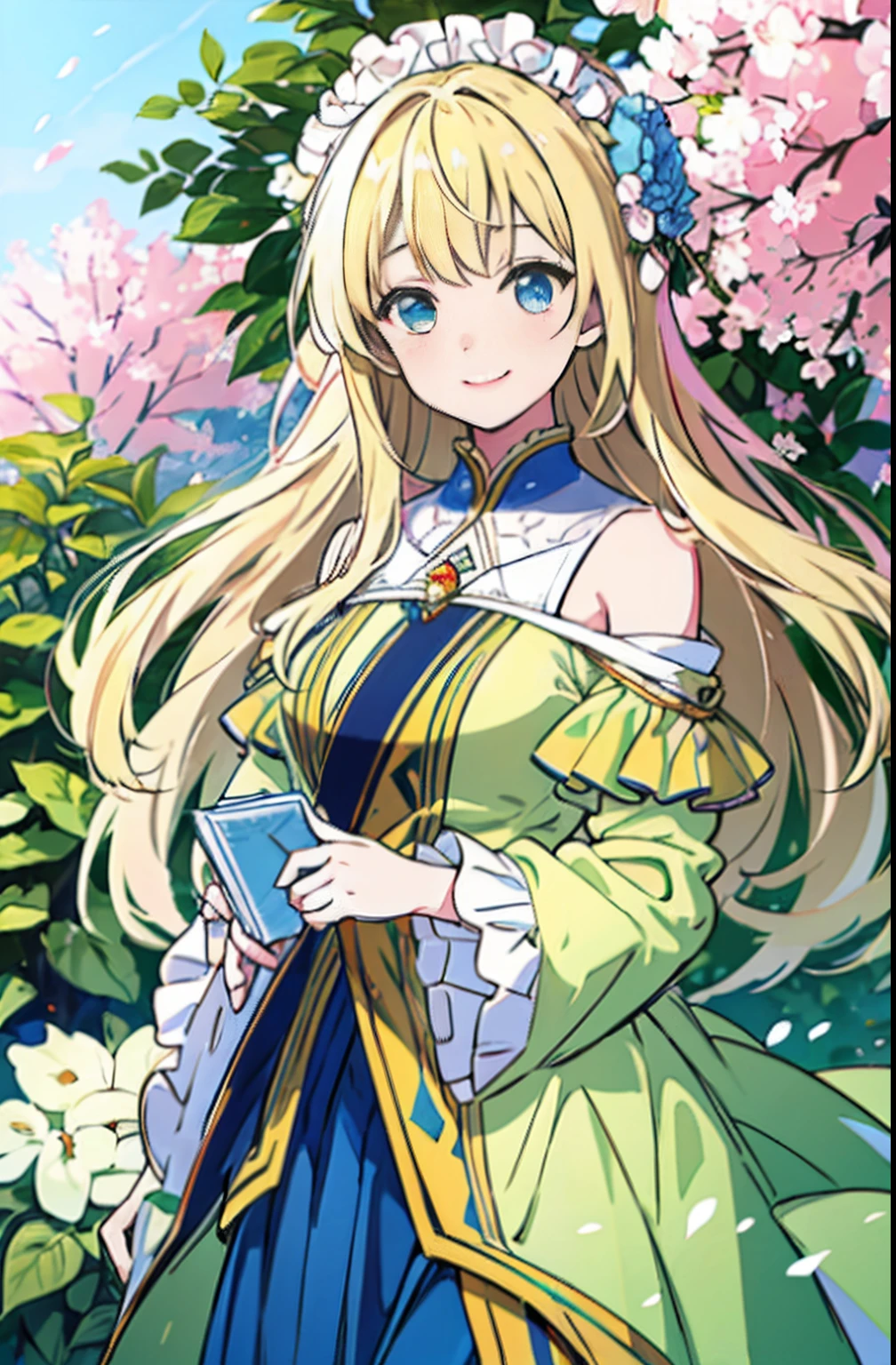 "(masterpiece、top-quality、illustratio、Extremely high quality、high-level image quality、Extremely sensitive writing)Blonde longhair girl standing in beautiful flowery garden、ssmile、Cute costume with ruffles with shoulders protruding、Hair fluttering in the wind"