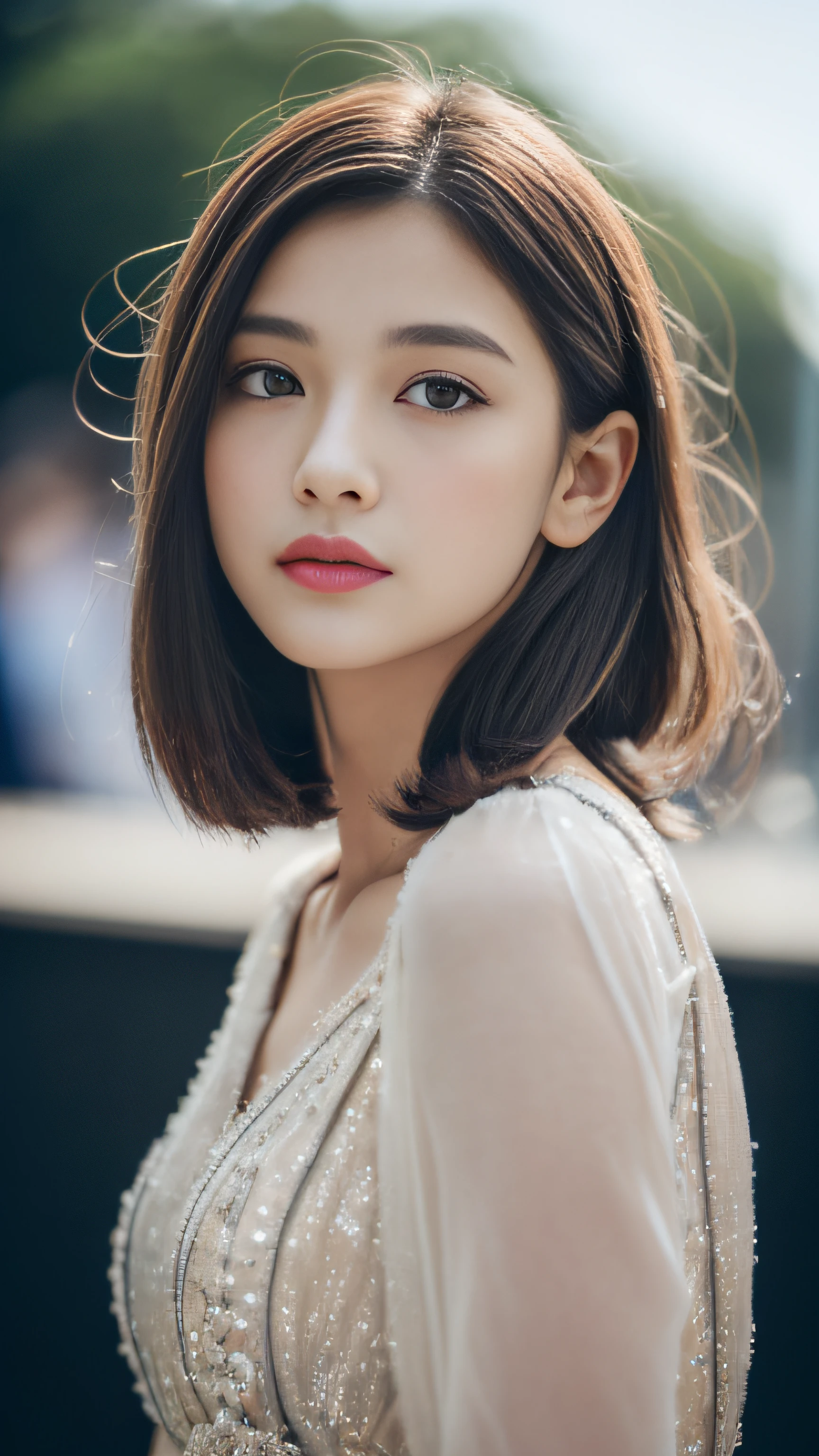 (8K, Raw photo, Photorealistic:1.25) ,( Lip gloss,Glossy finish, Glossy skin, Best Quality, 超A high resolution, chromatic abberation, Caustics, Wide light, Natural Shadow) look with serenity and goddess-like bliss to the spectators,(depth of fields:1.6), (colorful unfocused lights on background:1.2) ,very natural make-up,Shot on a cloudy day . Slender eyes.Downcast eyes. The distant look in her eyes、(Chic and classy dresses)(Stylish as a professional model)、Radio City、Medium Hair