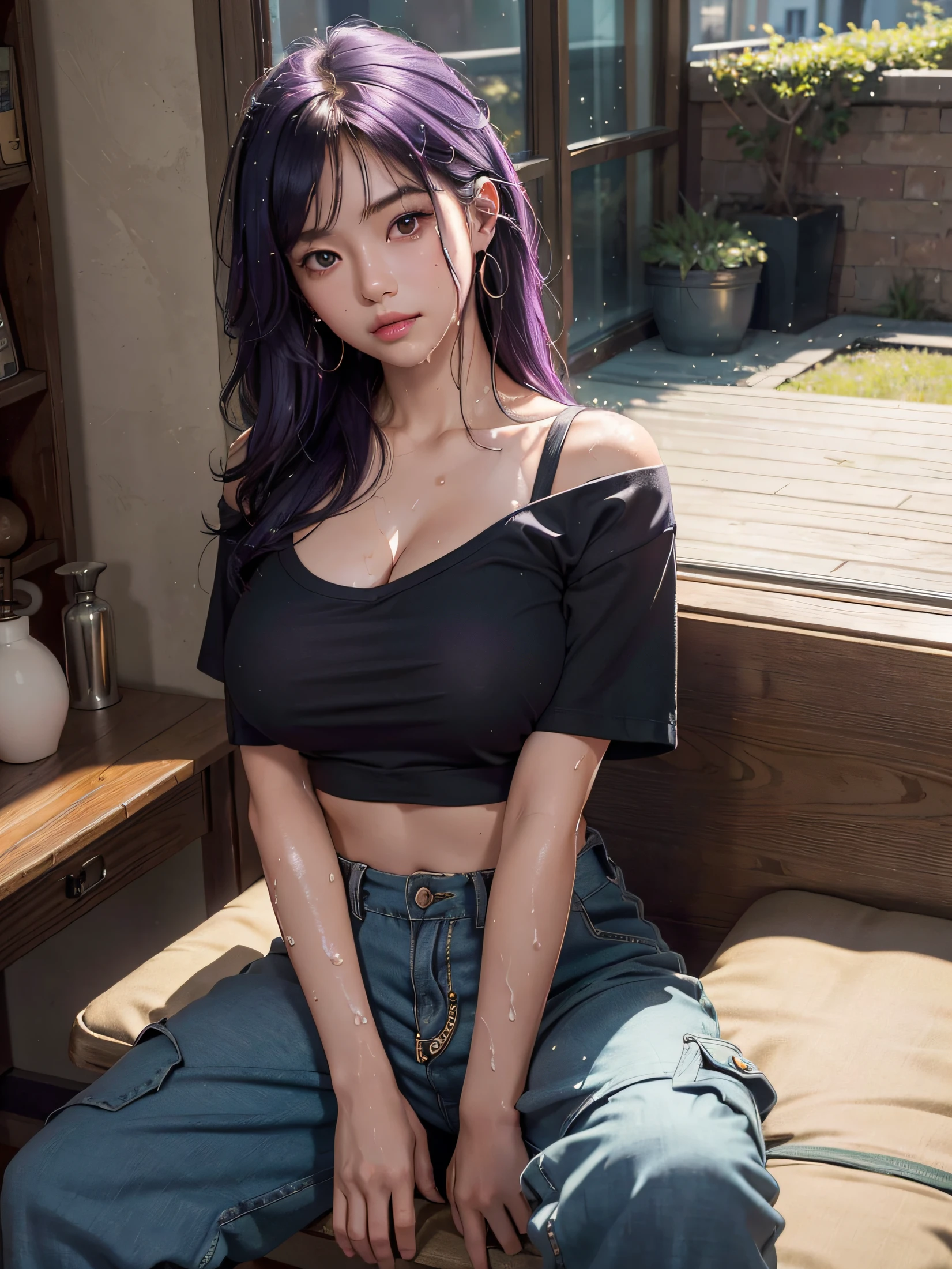8k、RAW Photos、top-quality、masterpiece:1.2)、(realisitic、Photorealsitic:1.37)、1girl in、japanese、25-years old、female、(deep in the night)、Sunlight、a room,Day cityscape seen fron the window、Studio Lighting、face lights、photon maping、Radio City、Purple hair、Detailed face、Detailed lips、detailedeyes、More skin、Double eyelids、(huge tit:1.3)、(T-shirt、jpn)、(T-shirt and Cargo pant)、(Wearing T shirt and cargo pant)、(((no brassiere)))、Exposed cleavage、exposed shoulder、Thigh exposure、(cammel toe)、perfectbody、shinny skin、(Body wet with sweat:1.2)、smirking face、((Sit up))、cowboy shot、Make eye contact with the camera,background camera lens blur,depth of field,35 mm
