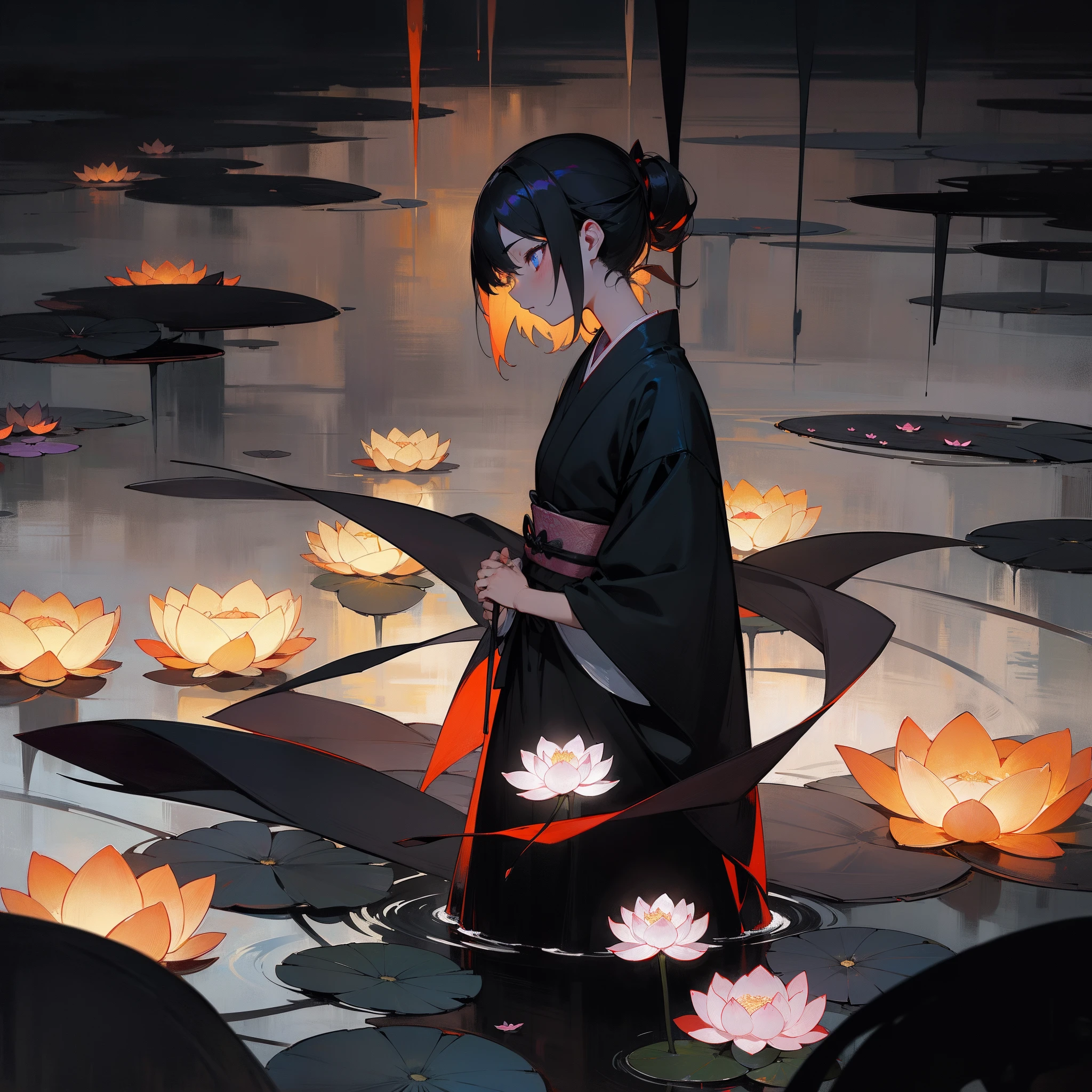 On a dark night、Small glowing lotus flower、In pure brilliance、Despair and madness mixed、Woman in Japanese clothes standing in a black world、Her eyes are full of sorrow and the salvation she seeks.。She's in that blackness、Madness and beauty、A ray of light in the dark、wanting、Top image quality、Landscape painting、