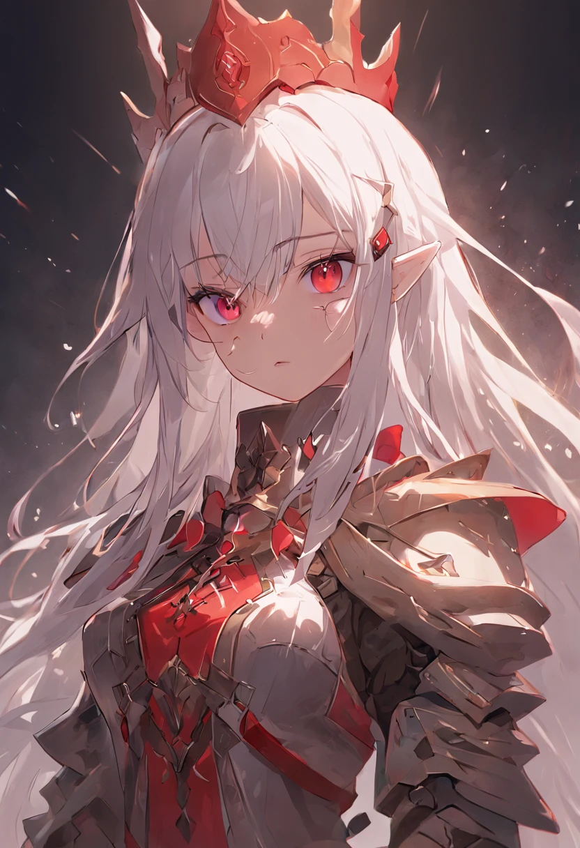 A girl,White hair and red eyes,long whitr hair,Original Character、fantasy concept art、Best shadow、shallowdepthoffield、the emperor,Portrait of a noble knight、Dignified、Sad expression,streaming tears,Sophisticated tactical heavy armor、Tassel waistband、Hand Guard、Pauline、High quality armor texture,Stand up,Kneel on one knee,overcast day,Snow,(HighestQuali,astonishing detail:1.25),(独奏:1.3),Brilliant and colorful paintings