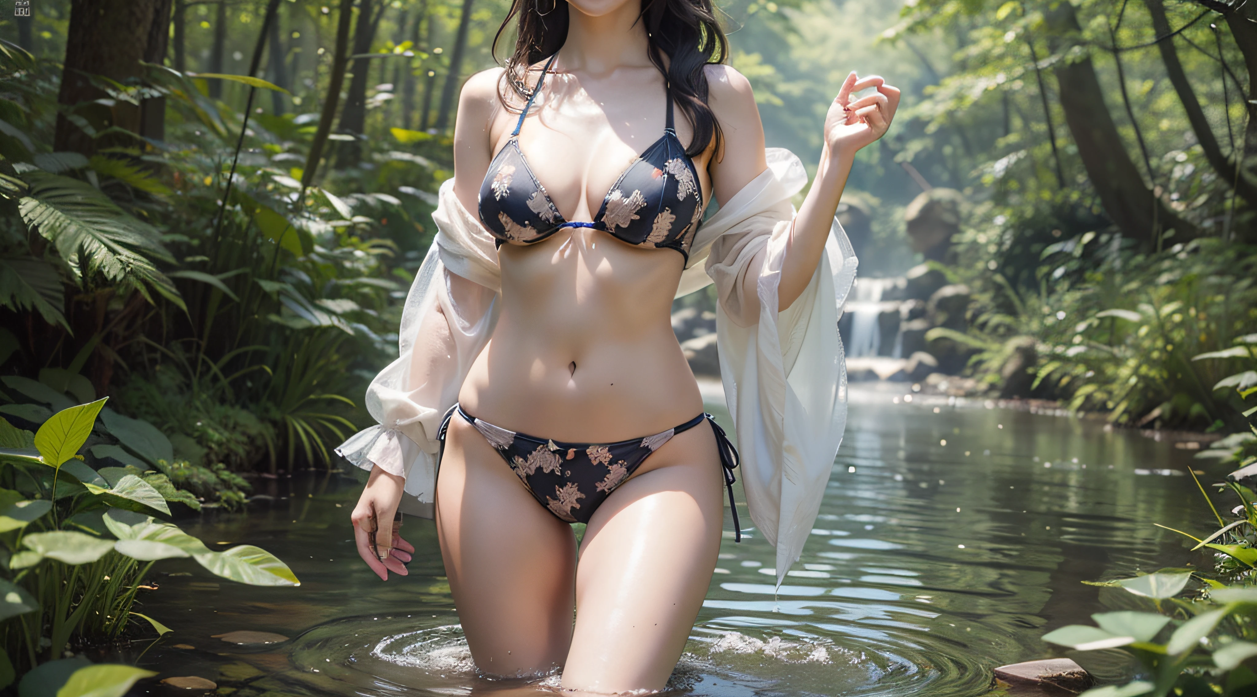 (8k, RAW photo, highest quality, masterpiece: 1.2), (realistic, photorealistic: 1.37), (8k, RAW photo, highest quality, masterpiece: 1.2), (realistic, photorealistic: 1.37), 1 girl, Japan, 26 years old, full body, woman walking in water, photon mapping, big, snow-white bikini type lingerie, see-through lingerie, High-cut panties, tips of protruding, areola protruding, pubic shape clearly visible, girl, more eyelashes, natural lips, lake, great nature, overgrown vegetation, professional writing, ponytail,