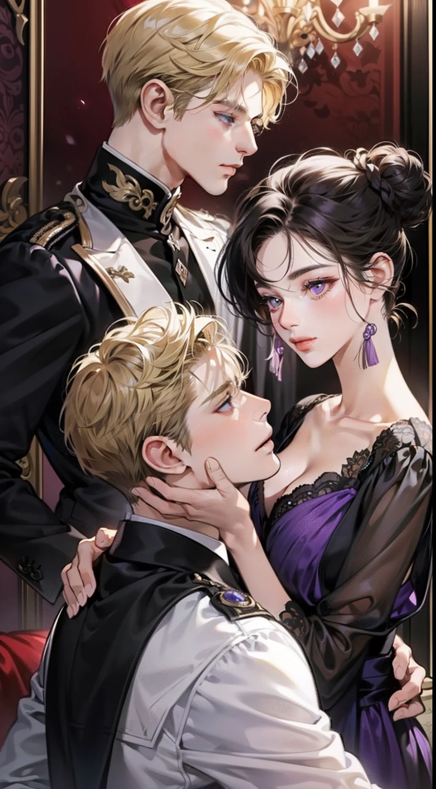 Couple, 1 girl 1 boy, different hair color, black bang bun hair and dark purple eyes, short blonde hair and dark green eyes, romance, brown suite, purple dress, UK, luxury room background, face to face, romantic, glowing light, black hair girl, blonde boy.
