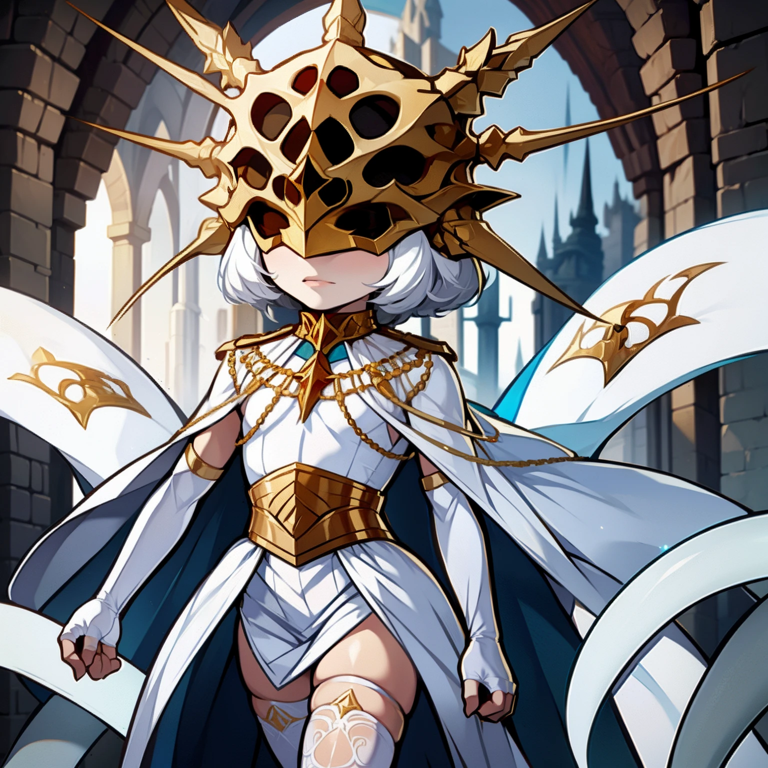 Gywndolin, white hair, androgynous, 1boy, male, femboy, flat-chested, GwyRob, white thighhighs, gold mask, covered eyes, gold jewelry, white elbow gloves, white dress, green snakes, perfect anatomy, solo, chibi