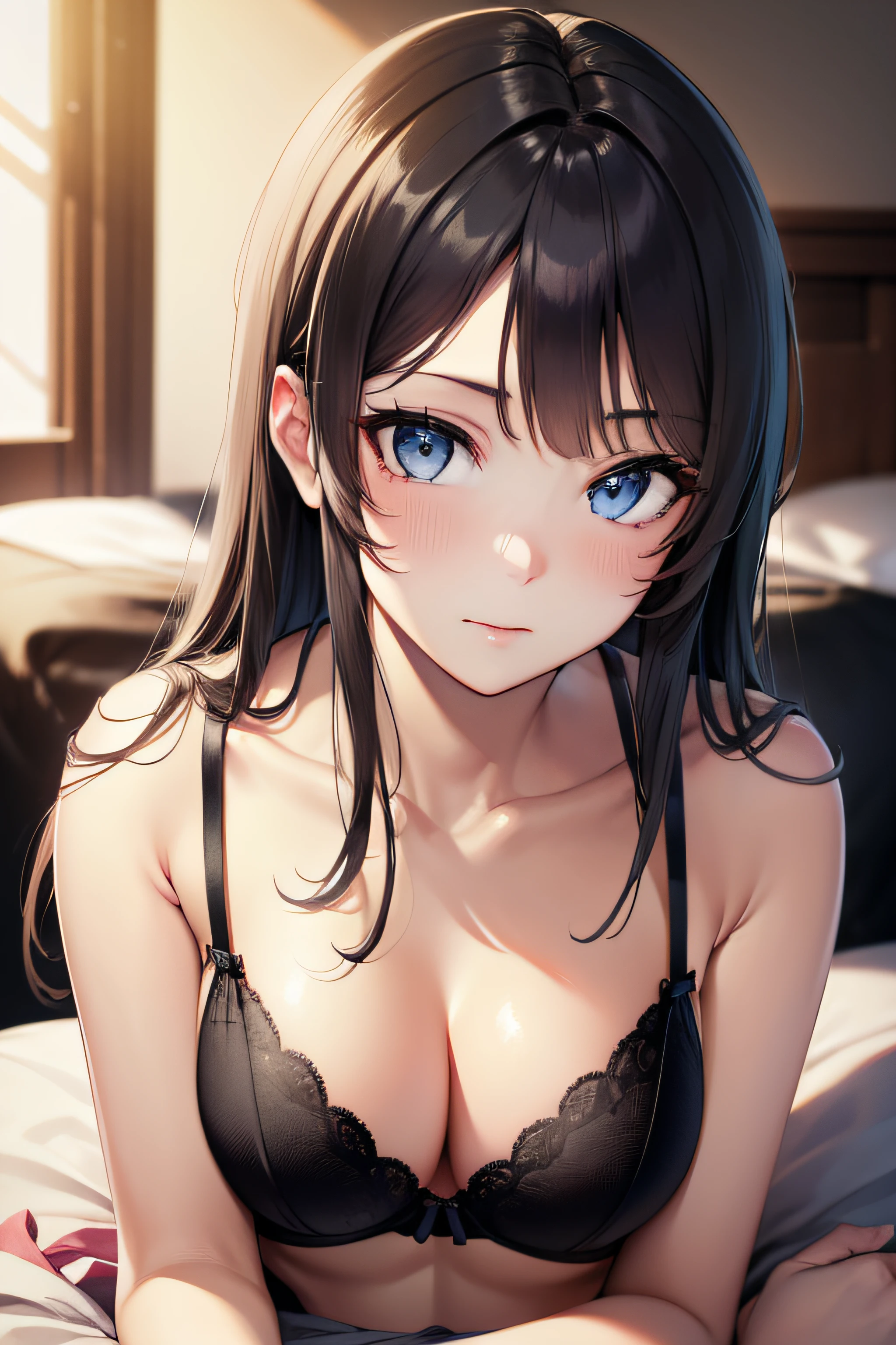 ((masterpiece, best quality, highres, UHD, perfect pixel)), Sakurajima mai, long hair, bangs, black hair, ((blue eyes:1.2, beautiful eyes, detailed eyes, extremely detailed eyes)), ((smooth texture:0.8, realistic texture:0.8)), ((medium breasts, cleavage)), indoor, bedroom, dynamic pose, busty, perfect body, ((laying down)), blushing, ((bra, lingerie)), natural light, looking at viewer