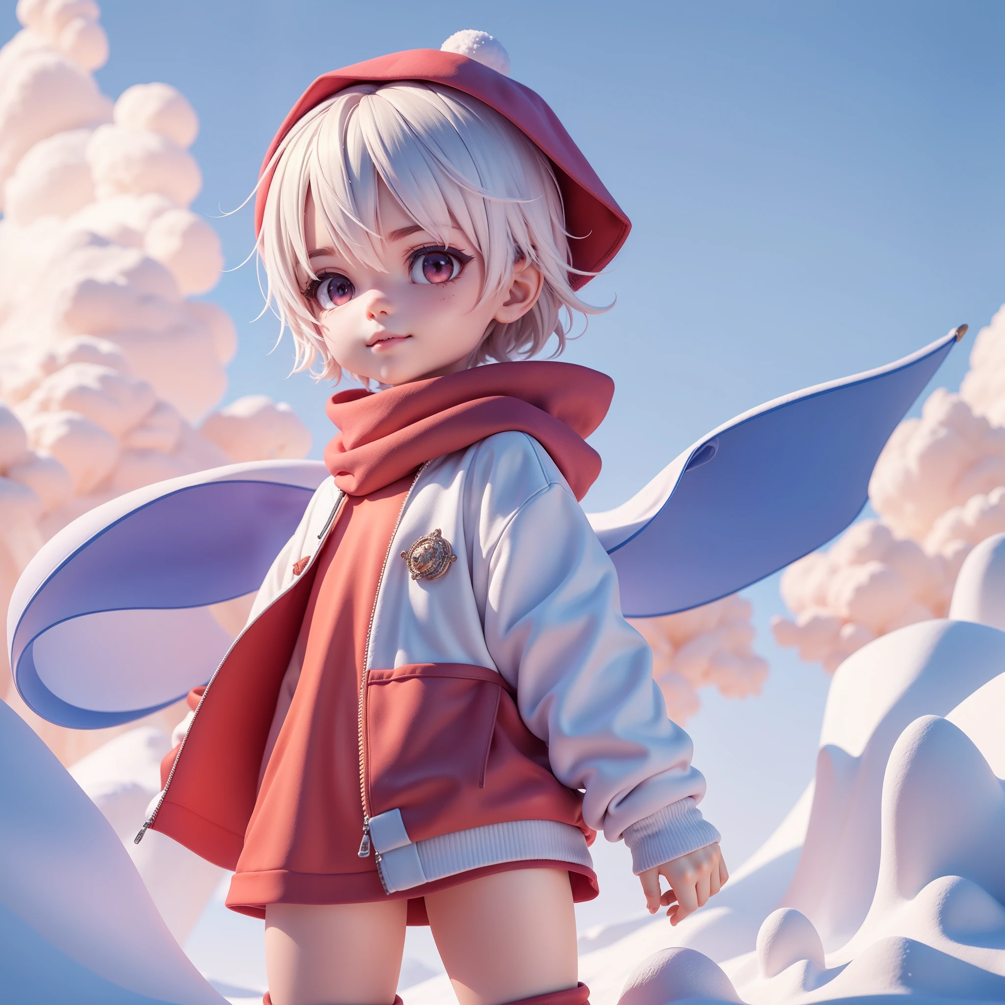 full body, chibi,(Masterpiece, Best quality:1.2),Anime boy,1boy,with short white hair,Sweet smile,Dust sans,hair covering right eye,looking at viewert,Facing away, wearing a blue open hoodie jacket,Wearing a red scarf,red scarf covering mouth,Close-up Shot Shot, digital sketch, highest quality digital art,red and purple eye's,winter,Snow,8K，1024*1024