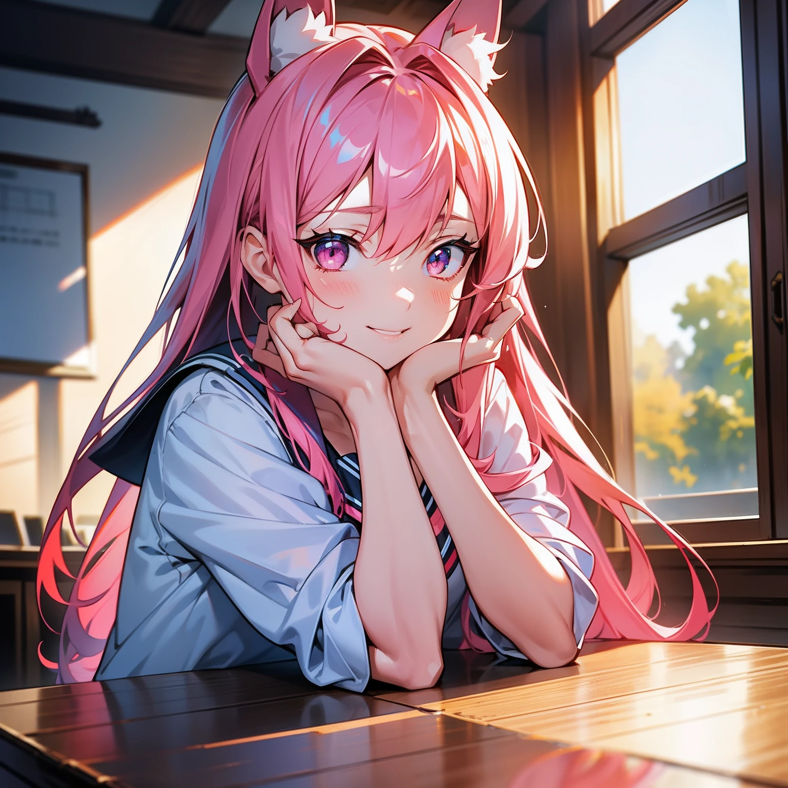 long pink hair, fox pink ears,pink eyes,There is a strong feeling of freshness and freshness,Girl with,((serafuku)), hands on the face, Leaning over the table, Resting your elbows on the table, classroom, sunlight rays, Window, See the beholder, Toothy smile, I see the cleavage:1.2, Best Quality,Ultra-detailed, High Resolution, extremely detailed CG, Unity 8k壁纸, official arts, Production art, novel illustration, by famous artist, caustics, textile shading, super detailed skin, perfect anatomy, Detailed, Cinematic lighting, dinamic lighting, beautiful detail eyes, (topquality), (ultra-detailliert), (Piece masuter), (hight resolution), (Original), Character design, game cg, detailed manga illustration, Realistic head-to-body ratio:1.2