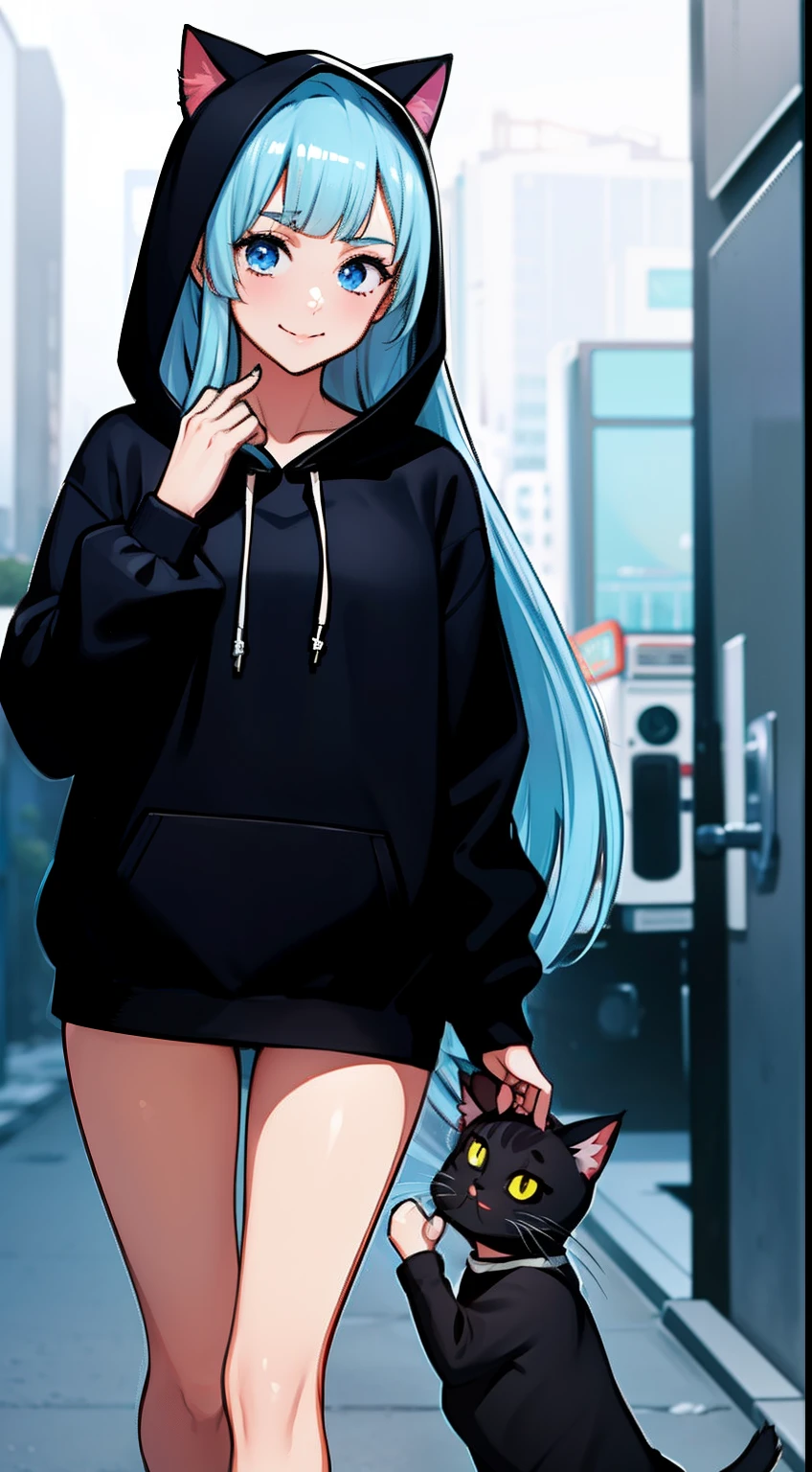 Masterpiece, Best quality, 1girll, fun, Funny, Perfect face, Expressive eyes, Cute, Smiling,cheerfulness, naughty, Blue eyes, modern, Beautiful Kosis,Black hoodie, Hoodie,Cat EAS hoodie, Cat ears, Break the three corners, Light_Blue_Hair, Blunt bangs, Long hair, cozily, Peaceful, standing,Night, warm, , tug, Hooded tug, Solo, Alone, the wallpaper, Gorgeous, Cute girl, ، simple, Maximalism, Sensual