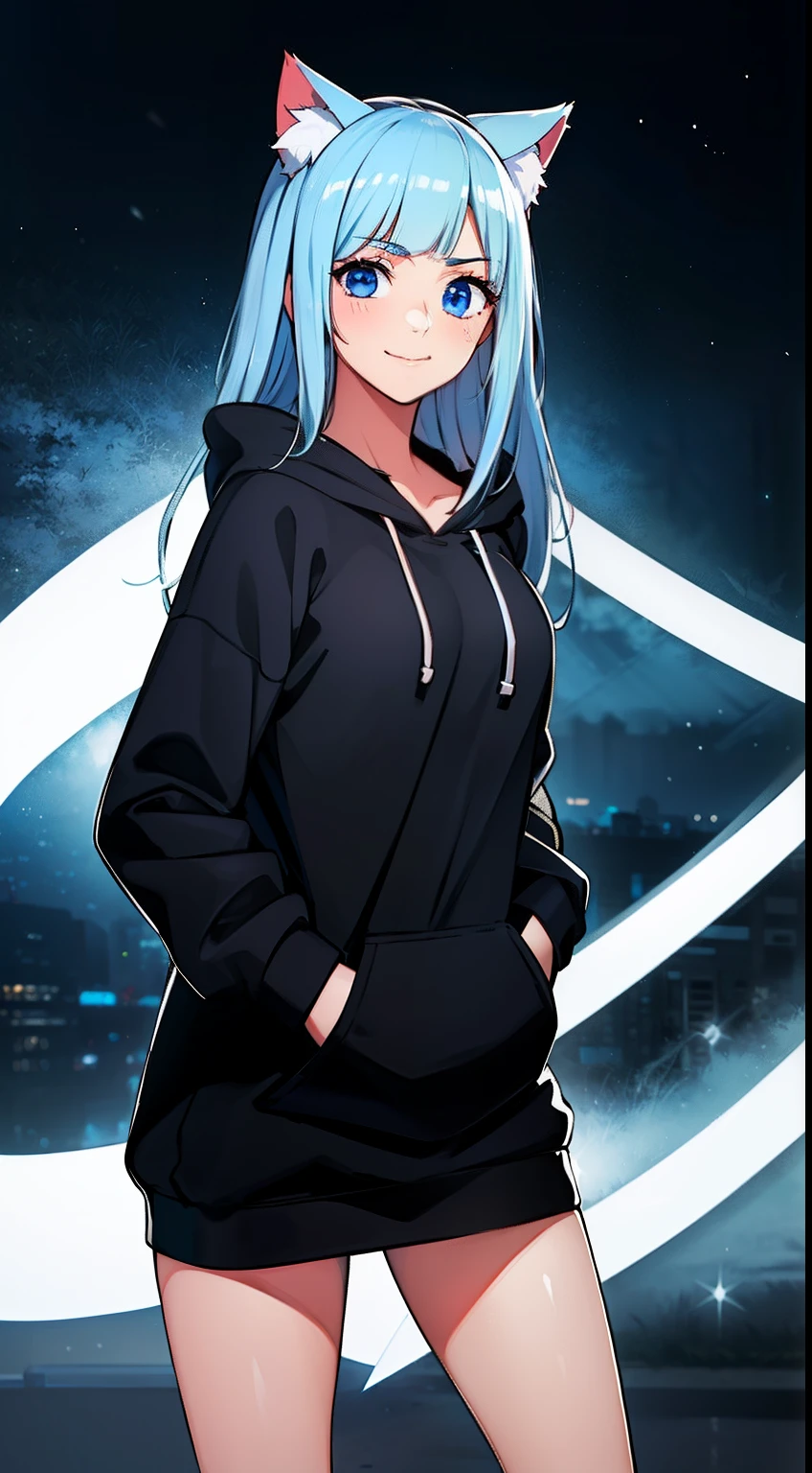 Masterpiece, Best quality, 1girll, fun, Funny, Perfect face, Expressive eyes, Cute, Smiling,cheerfulness, naughty, Blue eyes, modern, Beautiful Kosis,Black hoodie, Hoodie,Cat EAS hoodie, Cat ears, Break the three corners, Light_Blue_Hair, Blunt bangs, Long hair, cozily, Peaceful, standing,Night, warm, , tug, Hooded tug, Solo, Alone, the wallpaper, Gorgeous, Cute girl, ، simple, Maximalism, Sensual