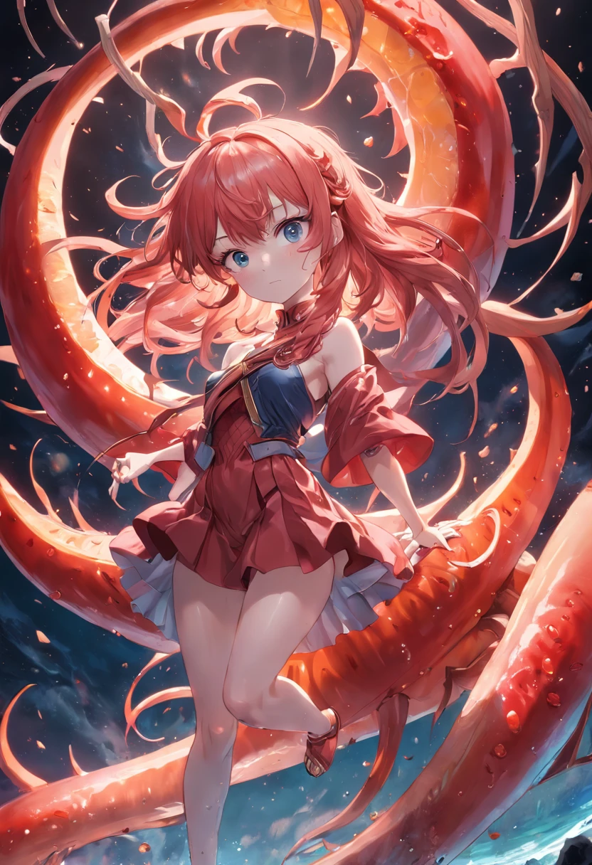 Woman on the beach、Obscenity、Metamorphosis、Small head、Red-headed two-tailed parrot、Big red eyes、Red blush、Tears、Tongue stock、Desperate look、,Tears、Red skirt、black reotard、The tentacles touch the crotch、Tentacles grasp the buttocks、1Huge octopus