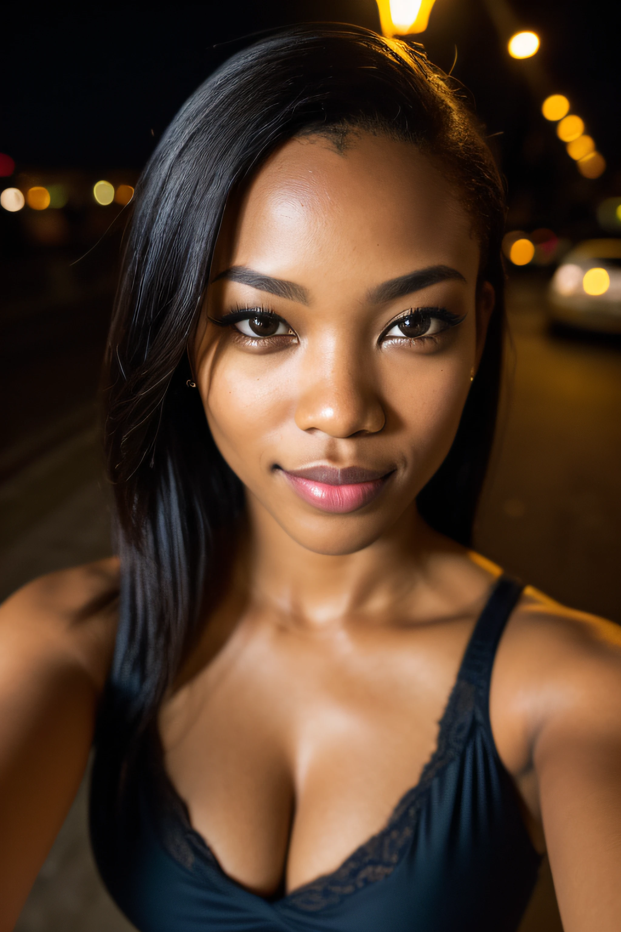 (selfie shot, from above: 1.4), (half-body portrait: 1.4), 24-year-old black mixed-race woman, green eyes (green-eyed woman),beautifull black long hair with blond highlights, light skin, walking in a bar RAW uhd portrait photo, natural big breast_b, city background at night, (yellow sundress), (crack), detailed (texture!, hair!, shine, color!!, flaws: 1.1), highly detailed glowing eyes, (looking at camera), specular light, dslr, extreme quality, sharp focus, sharp, dof, Film grain, (centered), Fujifilm XT3, crystal clear, center of frame, cute face, sharp focus, street lamp, neon lights, bokeh, (dark light), low key, night, (night sky ) detailed skin pores, oil Dark skin, brown, complex eye details
