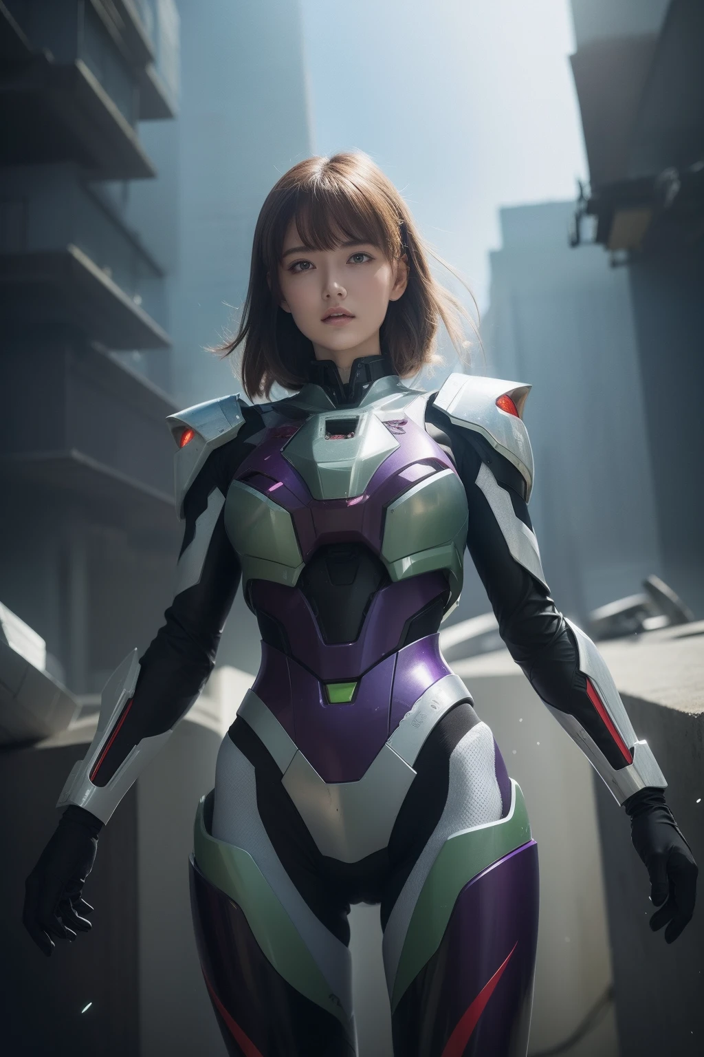 From the movie New Century Evangelion,Purple and green theme,Best quality,Masterpiece,Realistic,professional,Vivid colors,Ultra-fine painting,Portrait,anime big breast,Photogram,number art,Fantasyart,3d graphic,Cinematic_lighting,Strong_rim_Light,rim-light,Ambient_Light,Tyndall effect,moodylighting,Huge_filesize,Real,female pervert,Mecha musume,Cyborg,Tights combat suit,Power armor,Cut clothes,Japanese_Armor,one side up,shmup,remains,rubble_废墟,(Extremely detailed Cg Unity 8K wallpaper),(((Masterpiece))),(((Best quality))),((Ultra-detailed)),(Best Illustration),((An extremely delicate and beautiful)),Dynamic Angle,Wind,classic,Spring,(Detailed light),(Sunlight),Beautiful and delicate water,(Painting),(Sketch),(full bloom),(Shine),