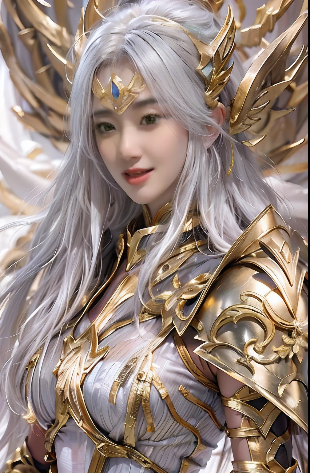 Korean, masterpiece, best quality, high quality, extremely detailed CG unity 8k wallpaper, (realistic, Photo real: 1.3), (RAW photo: 1.2), Woman body set medium breasts, exposed breasts, full and natural breasts, crisp breasts, tender white complexion, straight buttocks, (transparent tong), surreal, 8K, original photo, film grain, super high resolution, super detail, tall, very clear face, slender long legs, a pair of snow-white slender beautiful legs, like ivory carved jade legs, perfect proportion and length, stunning face, melon seed face, qiong nose cherry lips, eyebrows picturesque, amorous, charming, slender and slender waist, close-up of a woman in gold and white clothing, super detailed rendering, 3 D rendering character art 8 K, complex white and gold armor, full samurai armor fox, high detail iconic character, 8K rendering, octane rendering, octane rendering, super detail octane rendering, super detailed octane rendering, super detailed 3 d rendering, futuristic style fox demon --auto --s2