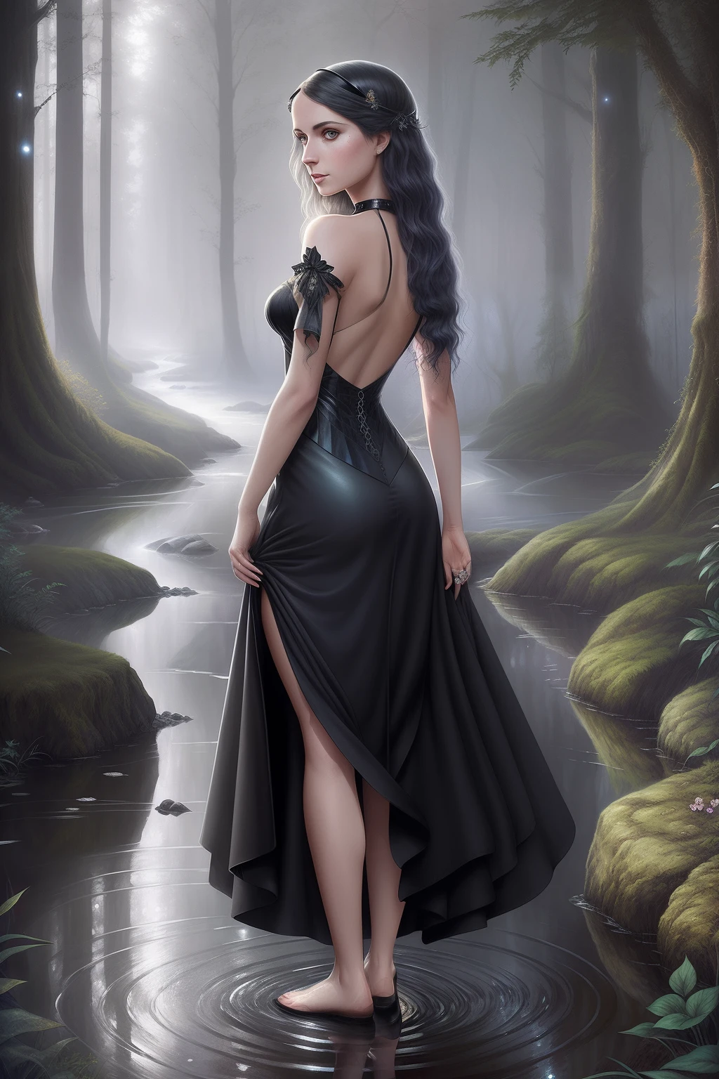 Arad woman in black dress standing in a stream, Realistic fantasy illustration, magali villeneuve', graphic artist magali villeneuve, a sexy maid in a magical forest, artstyle tom bagshaw, in style of anne stokes, inspired by Magali Villeneuve, Loish et WLOP, beautiful fantasy art, moody misty fantasy art